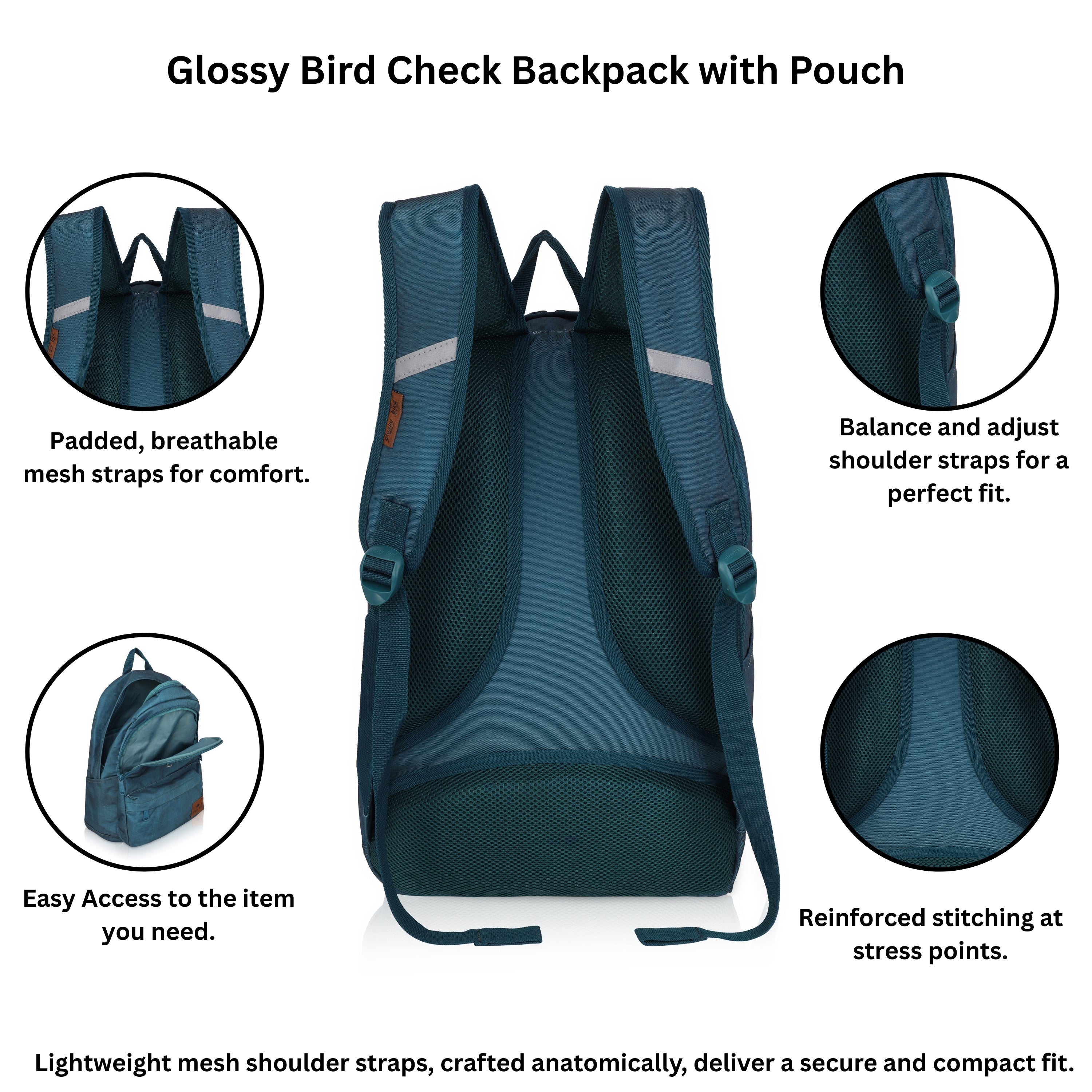 Echo Boomers Glossy Bird Backpack by Echo Boomers – Water-Resistant Bag with 3 Compartments, Bottle Holder, Padded Straps & Detachable Pouch – Ideal for School & Travel (Blue)