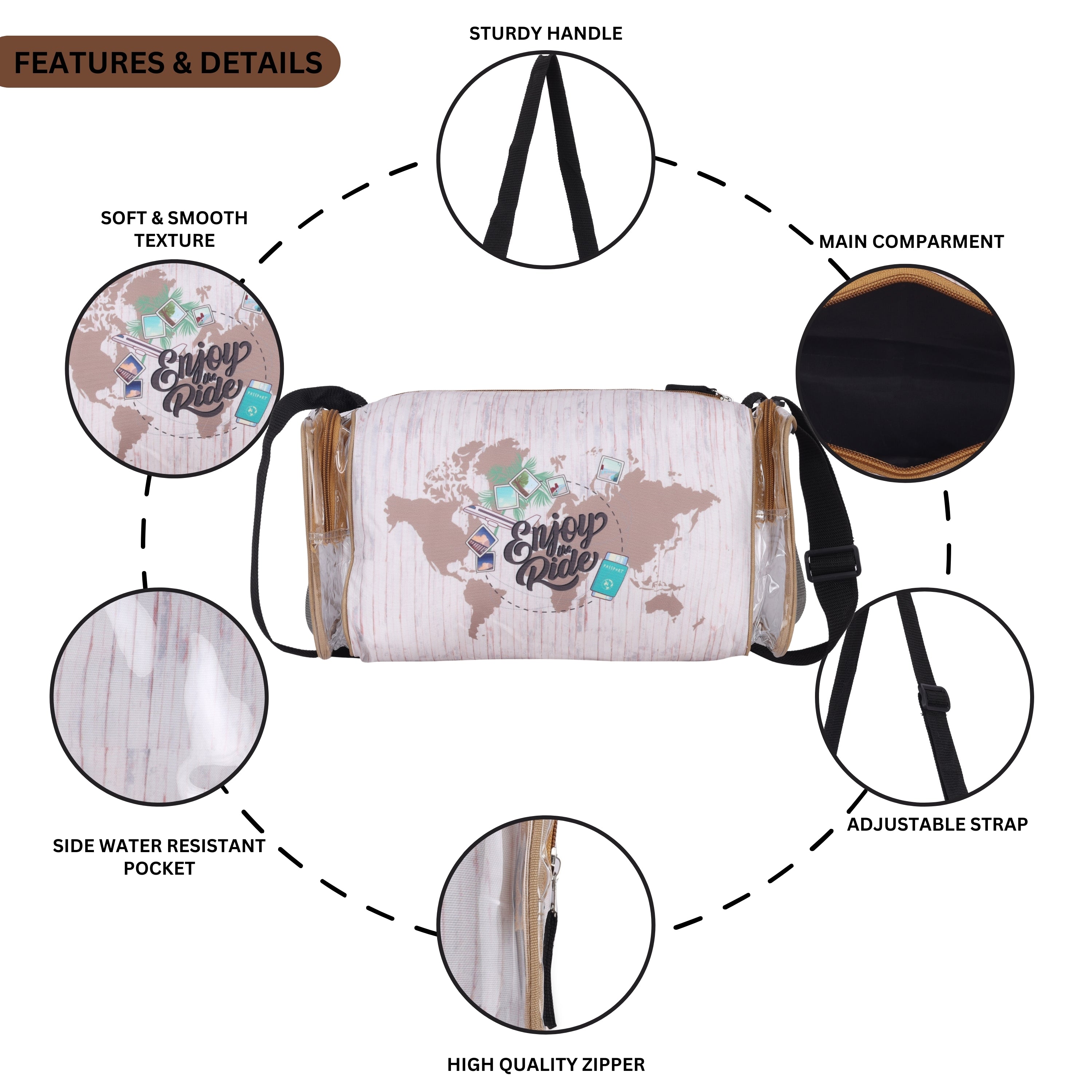 Echo Boomers White Enjoy the Rider Print Square Travel Duffle Gym Luggage Bag with PVC Side Compartments