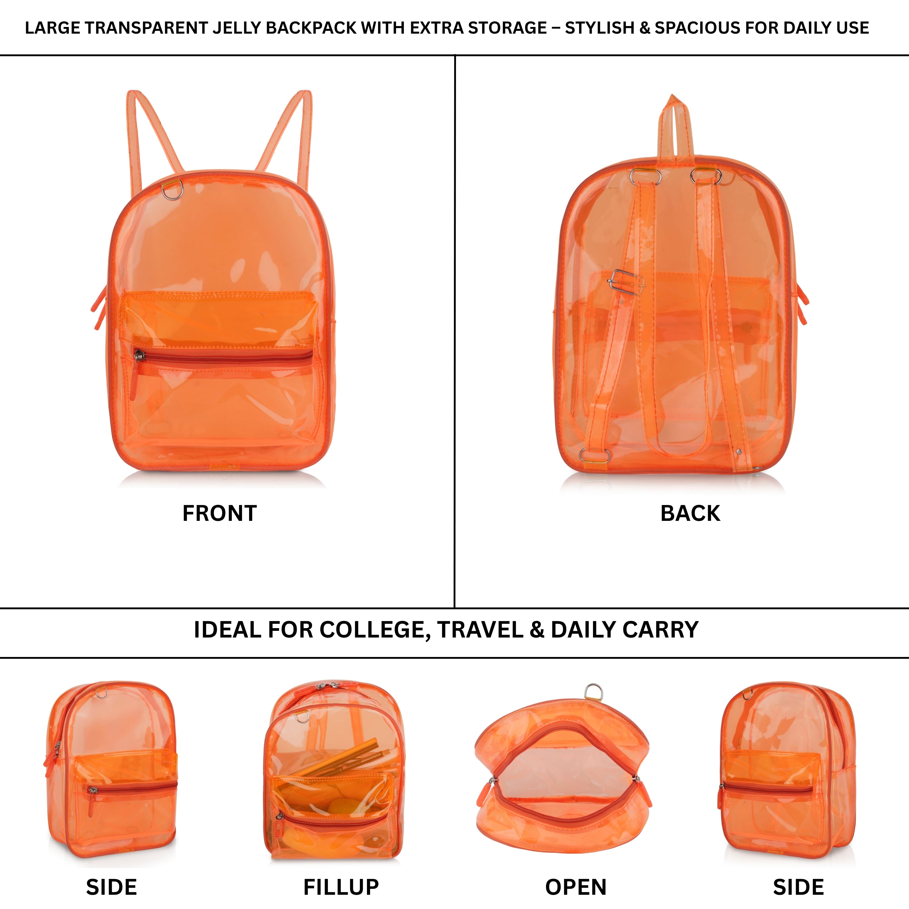 Echo Boomers Stylish Transparent Jelly Backpack | Trendy Neon Yellow Clear Bag | 50 GSM Waterproof PVC School, College & Travel Backpack with Front Zipper Pocket