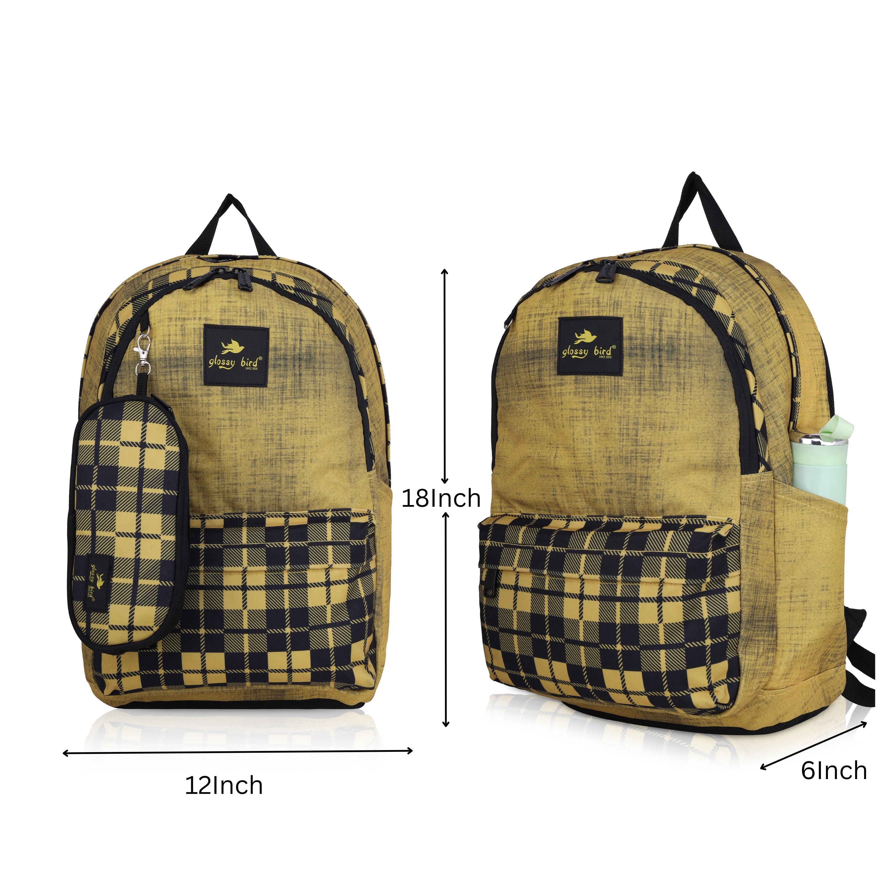 Echo Boomers Glossy Bird 21L Unisex Backpack with Pouch – Stylish Check Design, 3 Compartments, Front Pocket, Bottle Holder – Water-Resistant School, Travel, Office Bag (Yellow