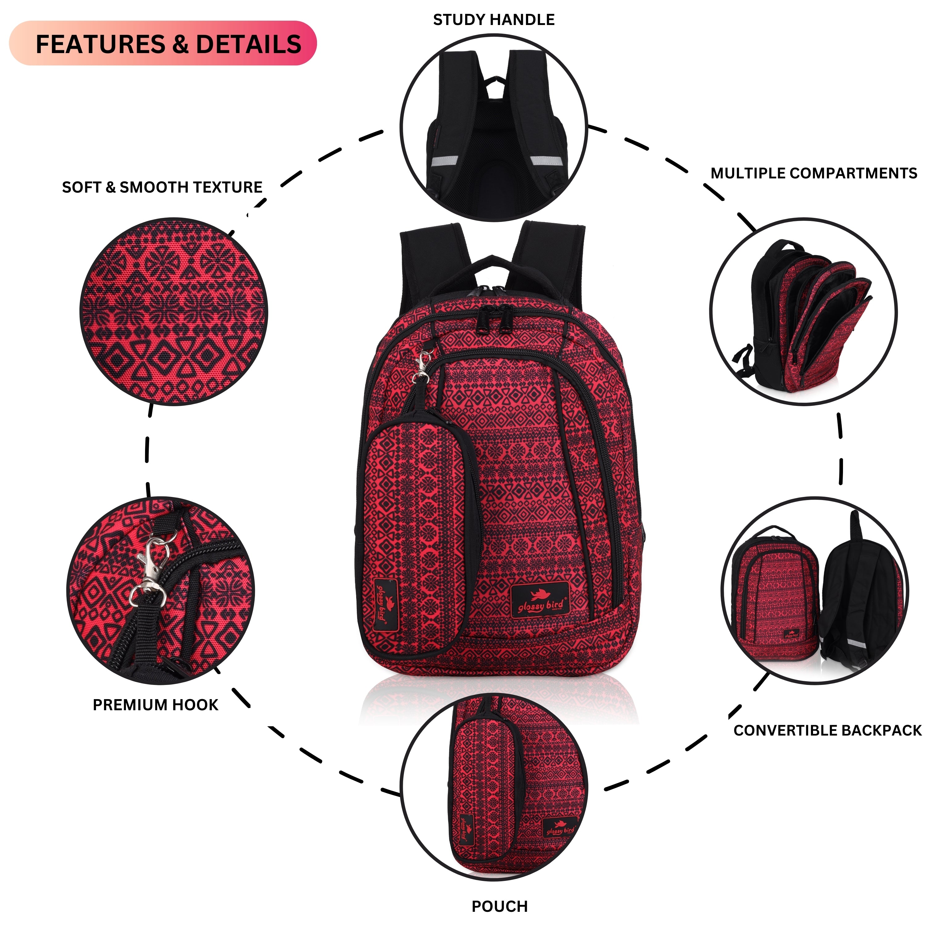 Echo Boomers Glossy Bird Unisex Backpack for School, Office & Travel – Water-Resistant, Lightweight Bag with 4 Compartments, Bottle Holder, Detachable Pouch & Ergonomic Straps (Purple)