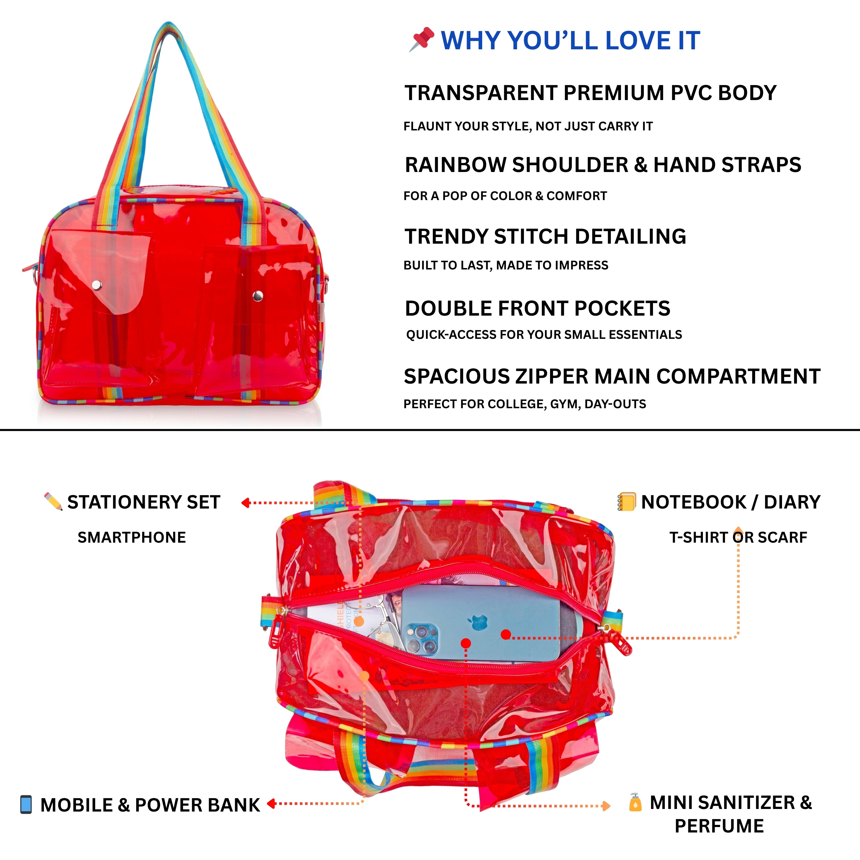 Echo Boomers Unisex Transparent Jelly Duffle Bag – Trendy  Travel Tote with Rainbow Straps & Dual Front Pockets – Fashion Gym, College & Weekend Bag