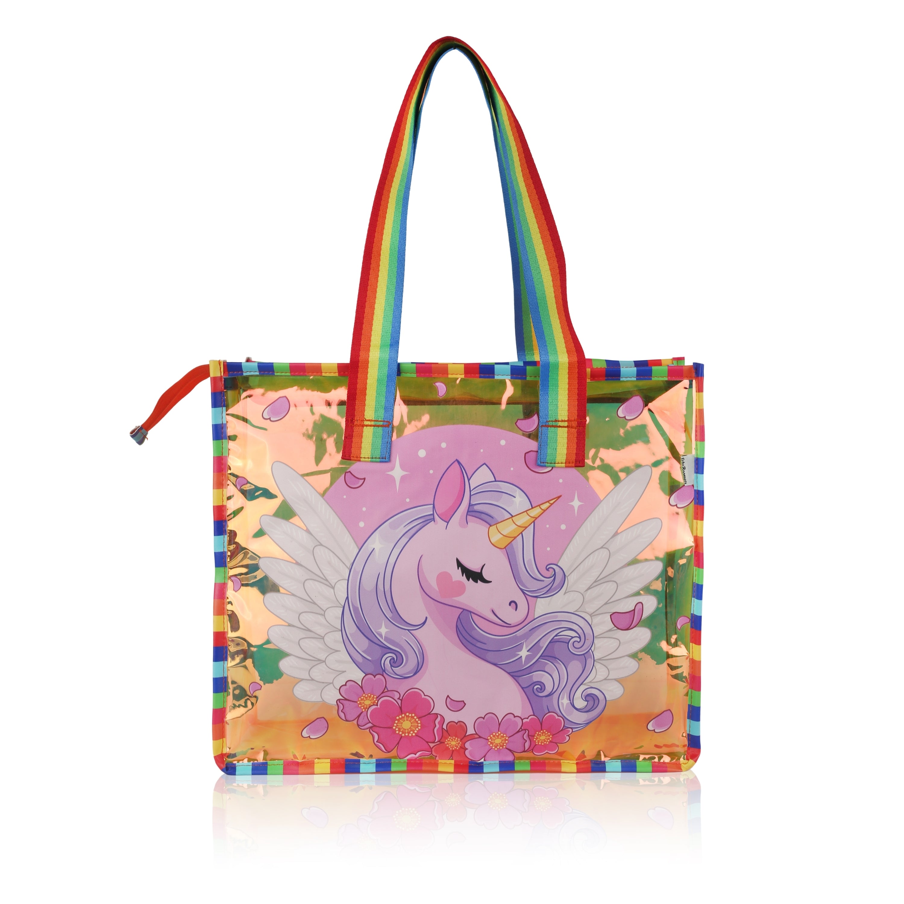Echo Boomers Cute Mermaid,Magical Unicorn Wings,Astronaut, Stylish Cat,Cute Love Unicorn Transparent 50 GsmTote Bag – Rainbow Handles | Spacious, Durable & Stylish PVC Bag