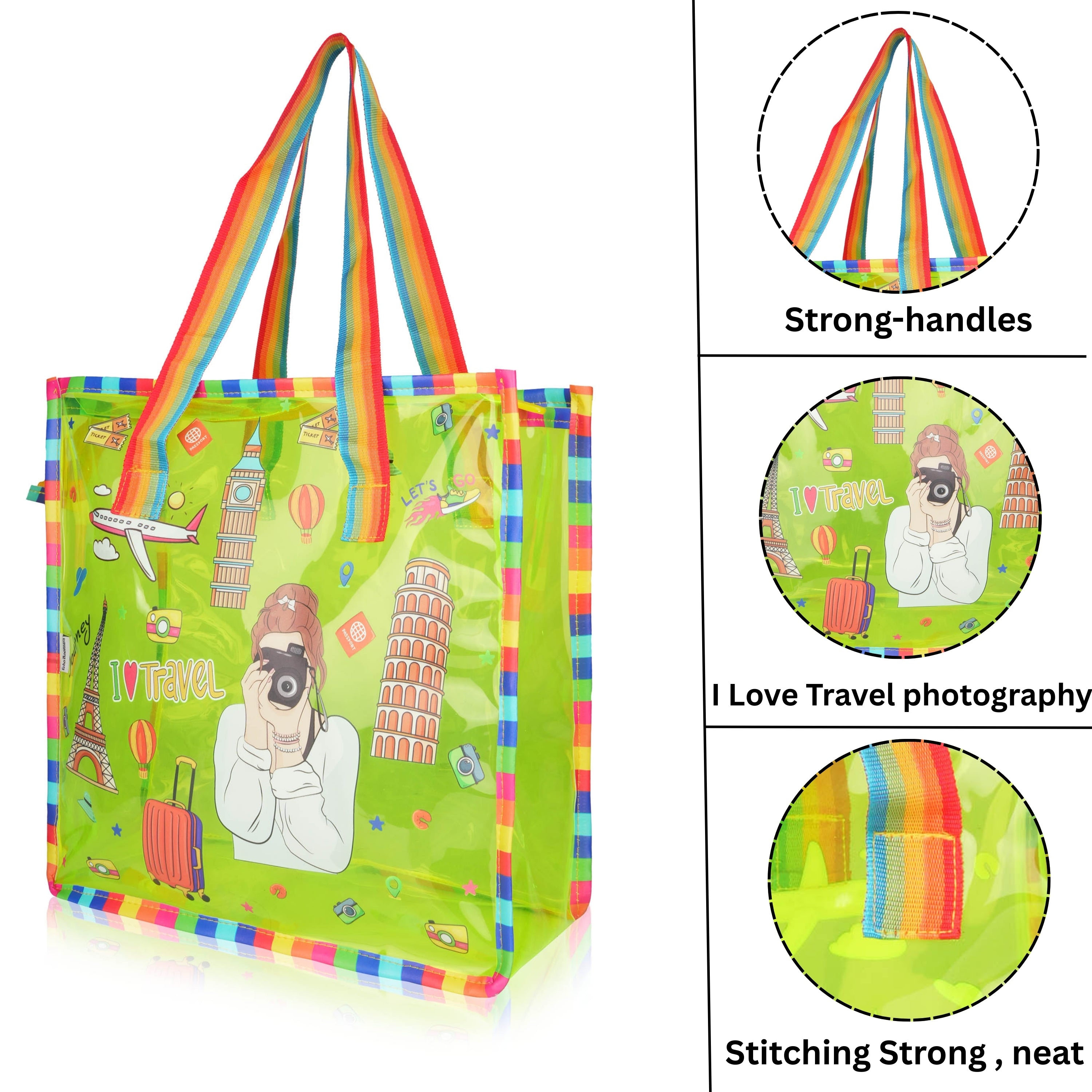 Echo Boomers Jelly Green Transparent Tote Bag for Girls & Boys | UV Printed Let’s Travel Design | Waterproof PVC Handbag | Lightweight Shopping, Outdoor, Beach & Swimming Carry Bag