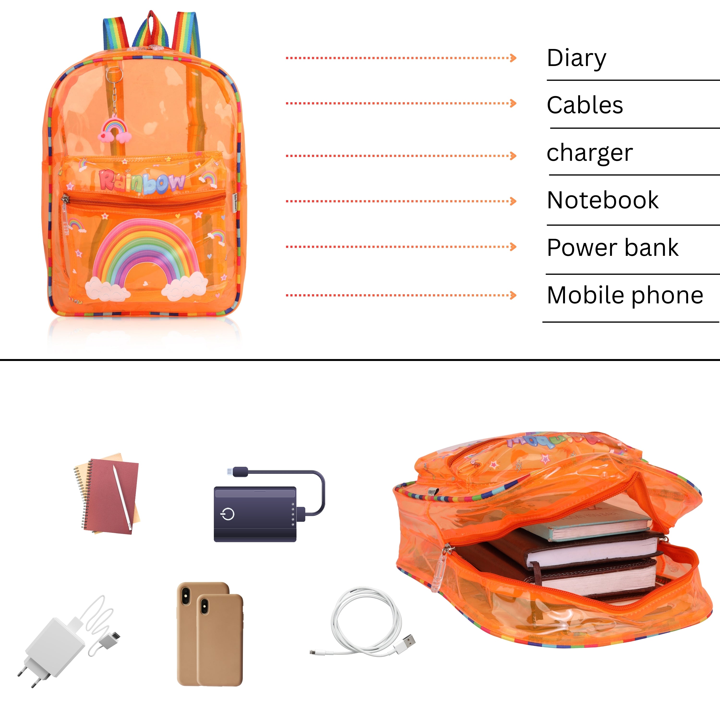 Echo Boomers Orange Jelly Backpack Stylish, Lightweight & Durable with Rainbow Print, Transprint Soft Plastic, Adjustable Straps, Sturdy Handle, Premium Zipper & Versatile Design for School, Play & Everyday Adventures.