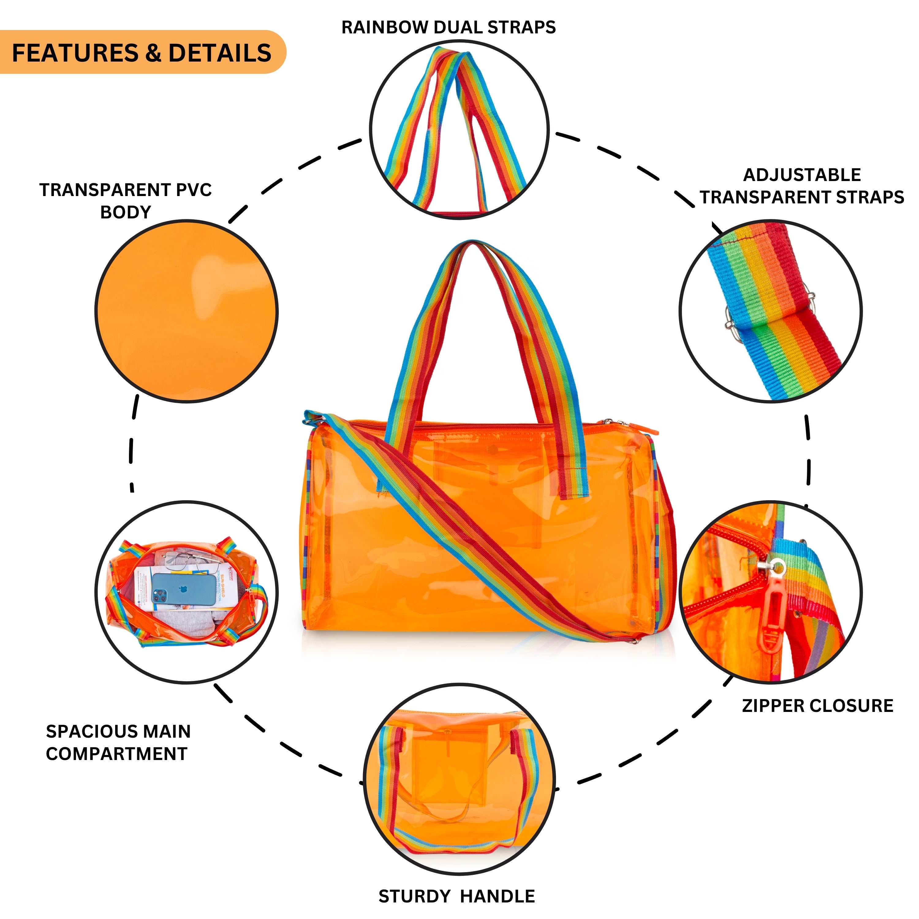 Echo Boomers See-Through Jelly Duffle –  Transparent Bag with Rainbow Handles | Trendy Handbag for School, Gym, Travel, Beach
