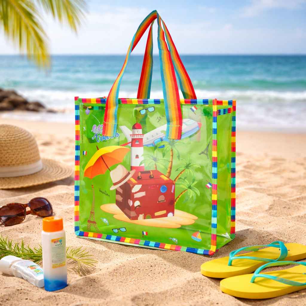 Echo Boomers Jelly Green Transparent Tote Bag for Girls & Boys | UV Printed Let’s Travel Design | Waterproof PVC Handbag | Lightweight Shopping, Outdoor, Beach & Swimming Carry Bag