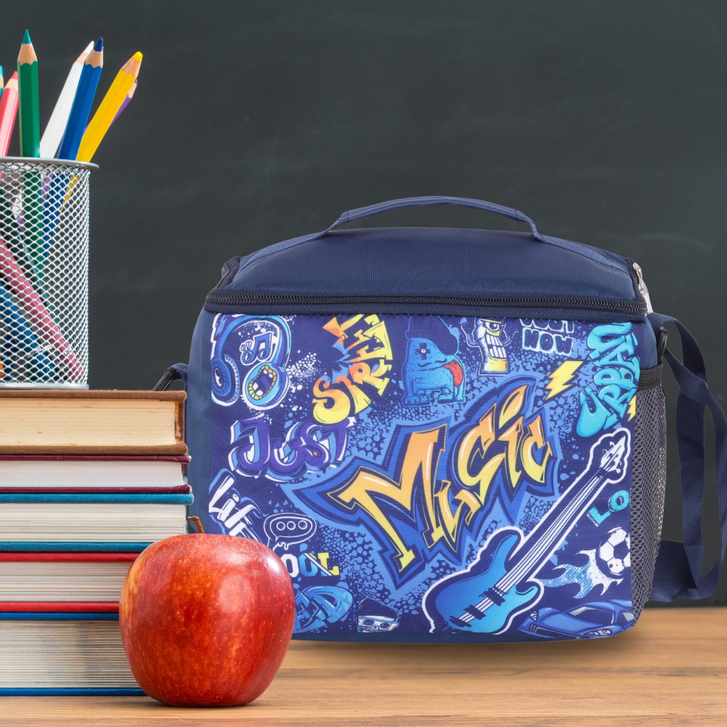 Echo Boomers Music Printed Insulated Lunch Bag, Tiffin and Food Storage Bag for Work, Students, Office, Picnic, College & School with Bottle Holder & Multiple Zipper Pockets (Blue)