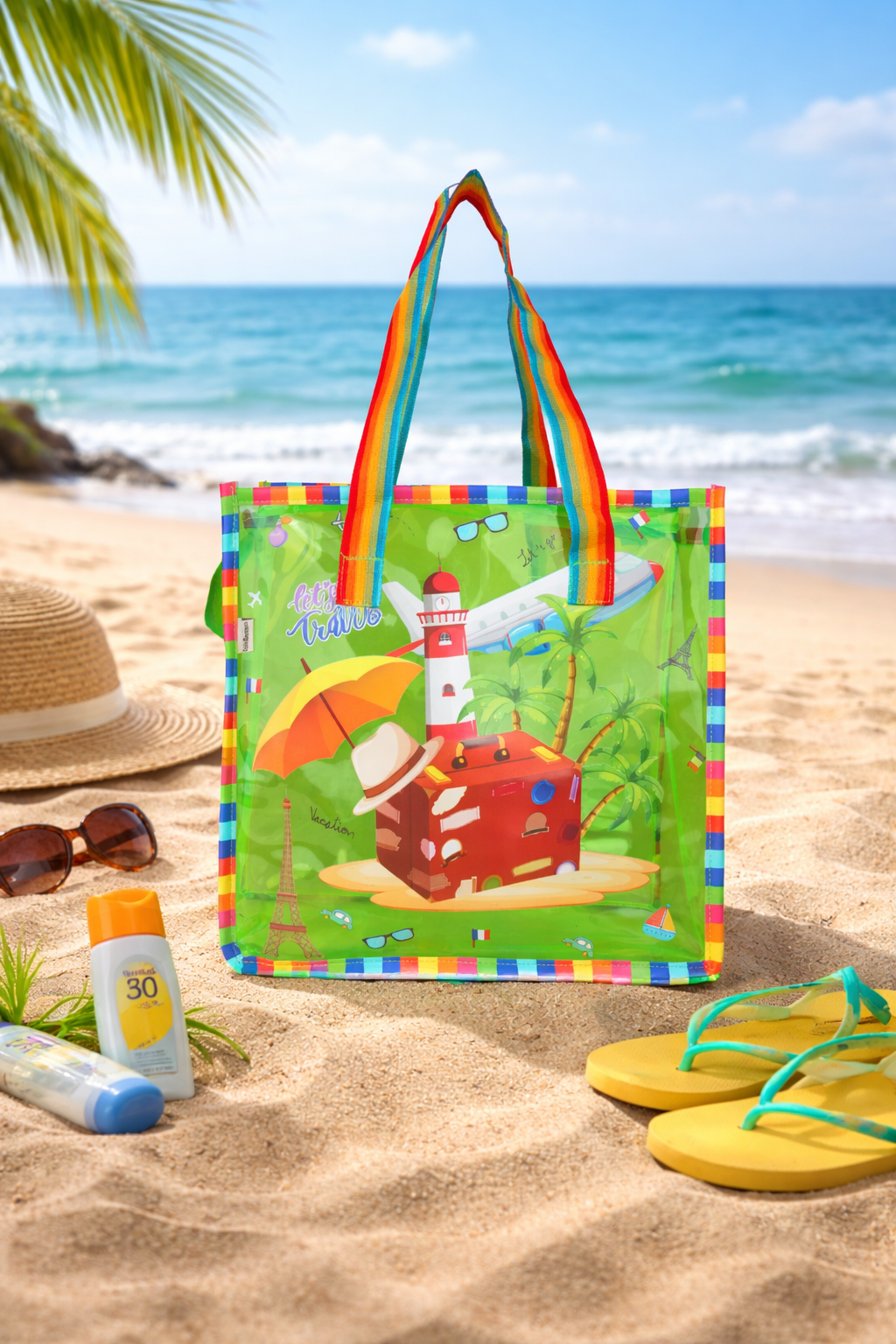 Echo Boomers Jelly Green Transparent Tote Bag for Girls & Boys | UV Printed Let’s Travel Design | Waterproof PVC Handbag | Lightweight Shopping, Outdoor, Beach & Swimming Carry Bag