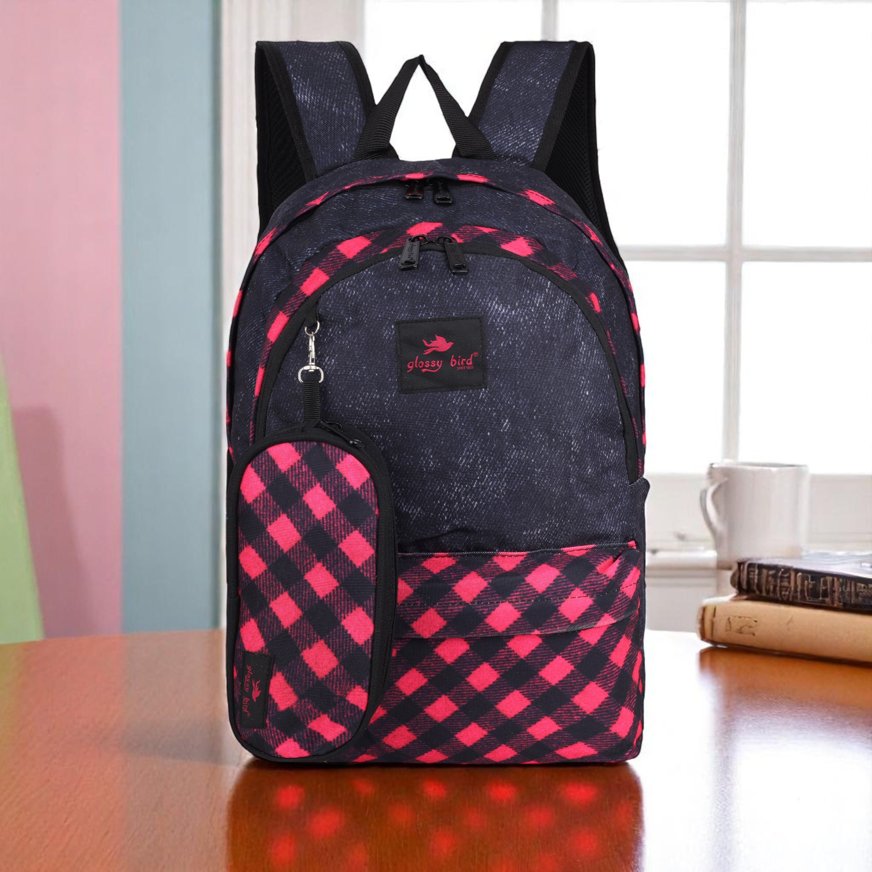 Echo Boomers Glossy Bird 21L Unisex Backpack with Pouch – Stylish Check Design, 3 Compartments, Front Pocket, Bottle Holder – Water-Resistant School, Travel, Office Bag (Yellow