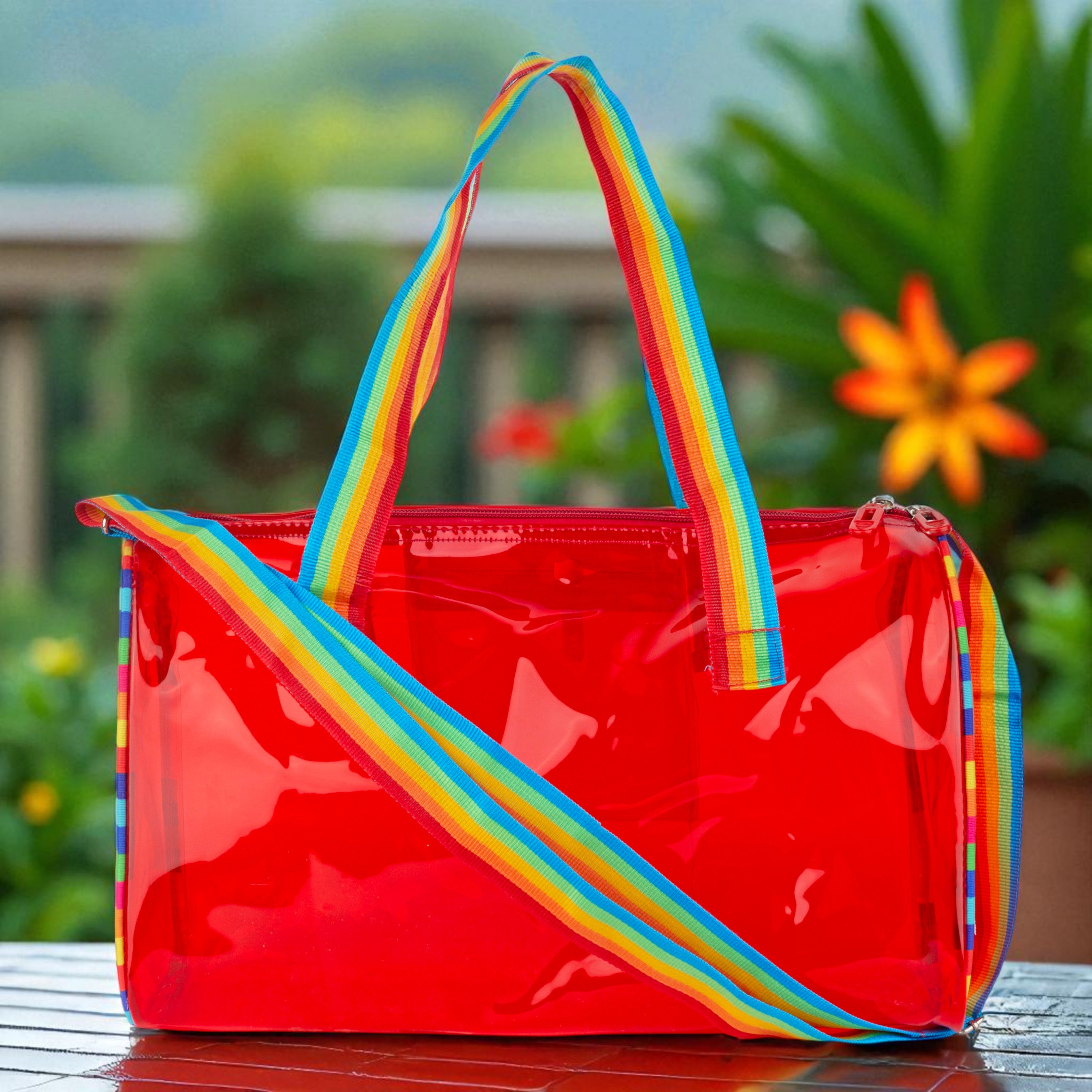 Echo Boomers See-Through Jelly Duffle –  Transparent Bag with Rainbow Handles | Trendy Handbag for School, Gym, Travel, Beach