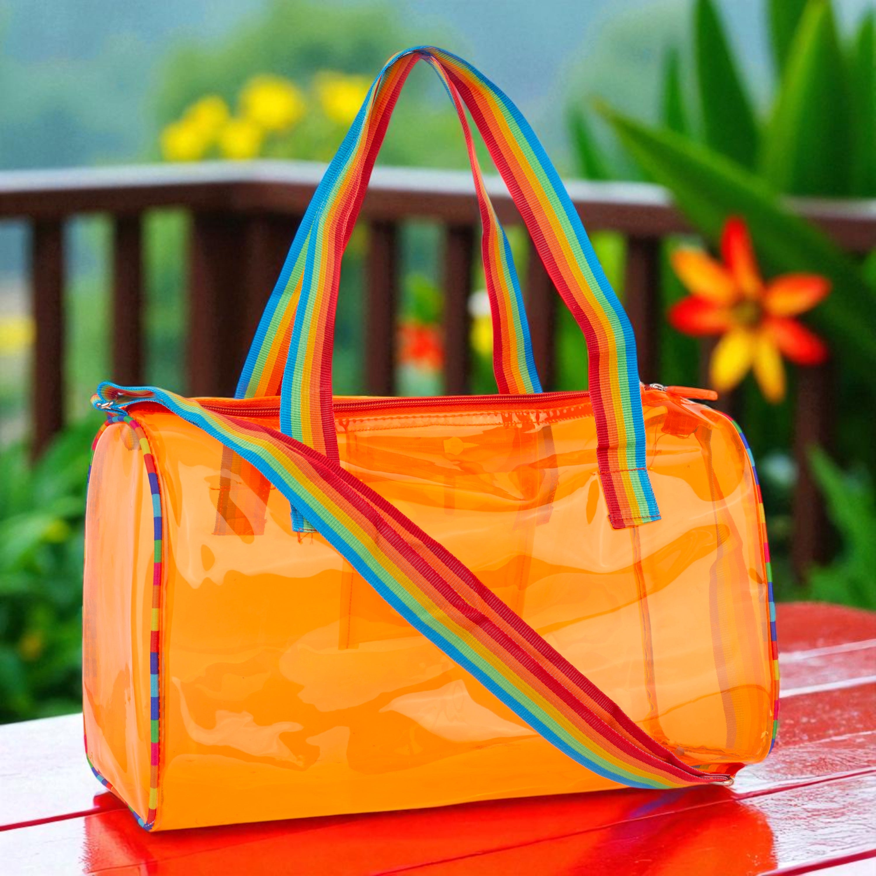 Echo Boomers See-Through Jelly Duffle –  Transparent Bag with Rainbow Handles | Trendy Handbag for School, Gym, Travel, Beach