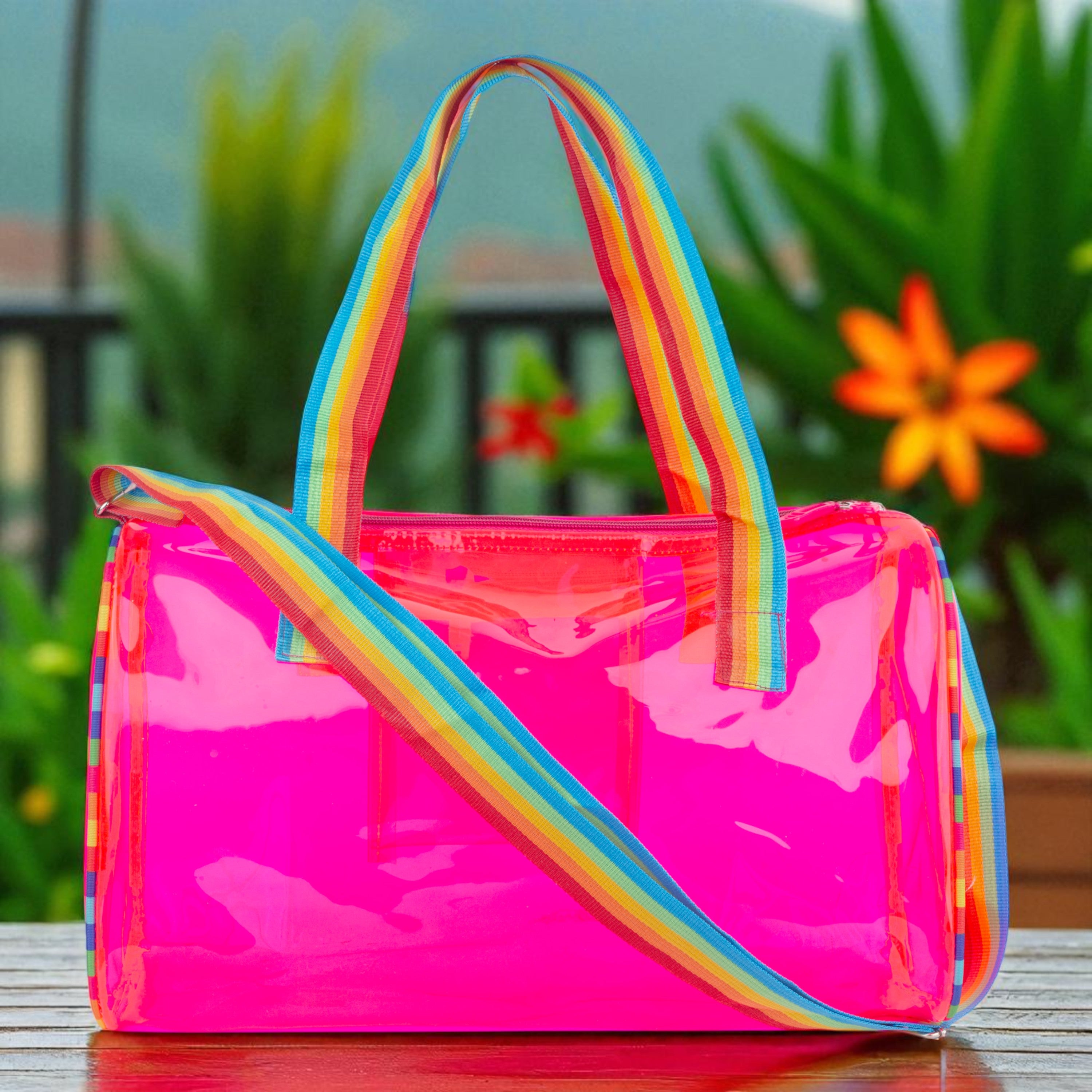 Echo Boomers See-Through Jelly Duffle –  Transparent Bag with Rainbow Handles | Trendy Handbag for School, Gym, Travel, Beach