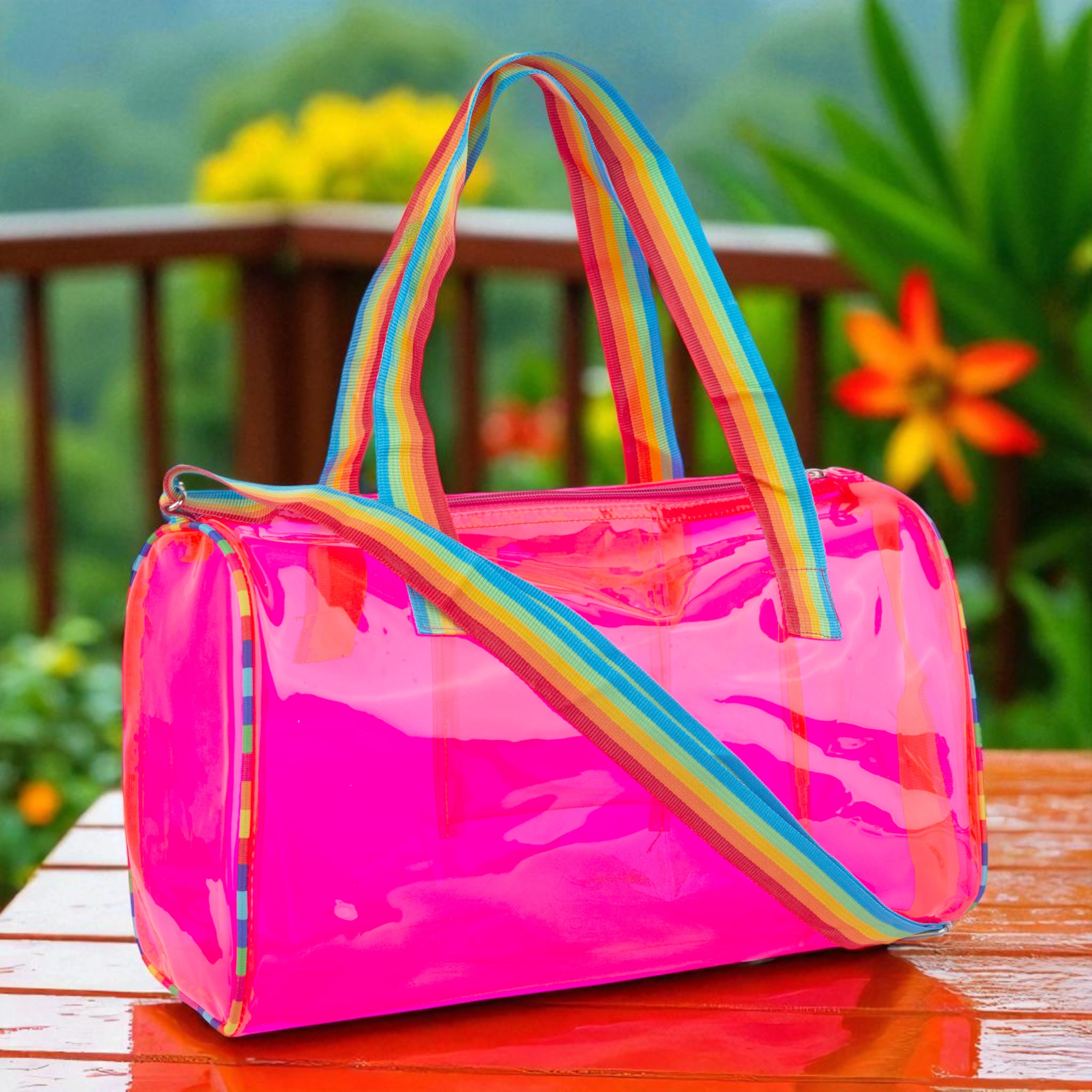 Echo Boomers See-Through Jelly Duffle –  Transparent Bag with Rainbow Handles | Trendy Handbag for School, Gym, Travel, Beach