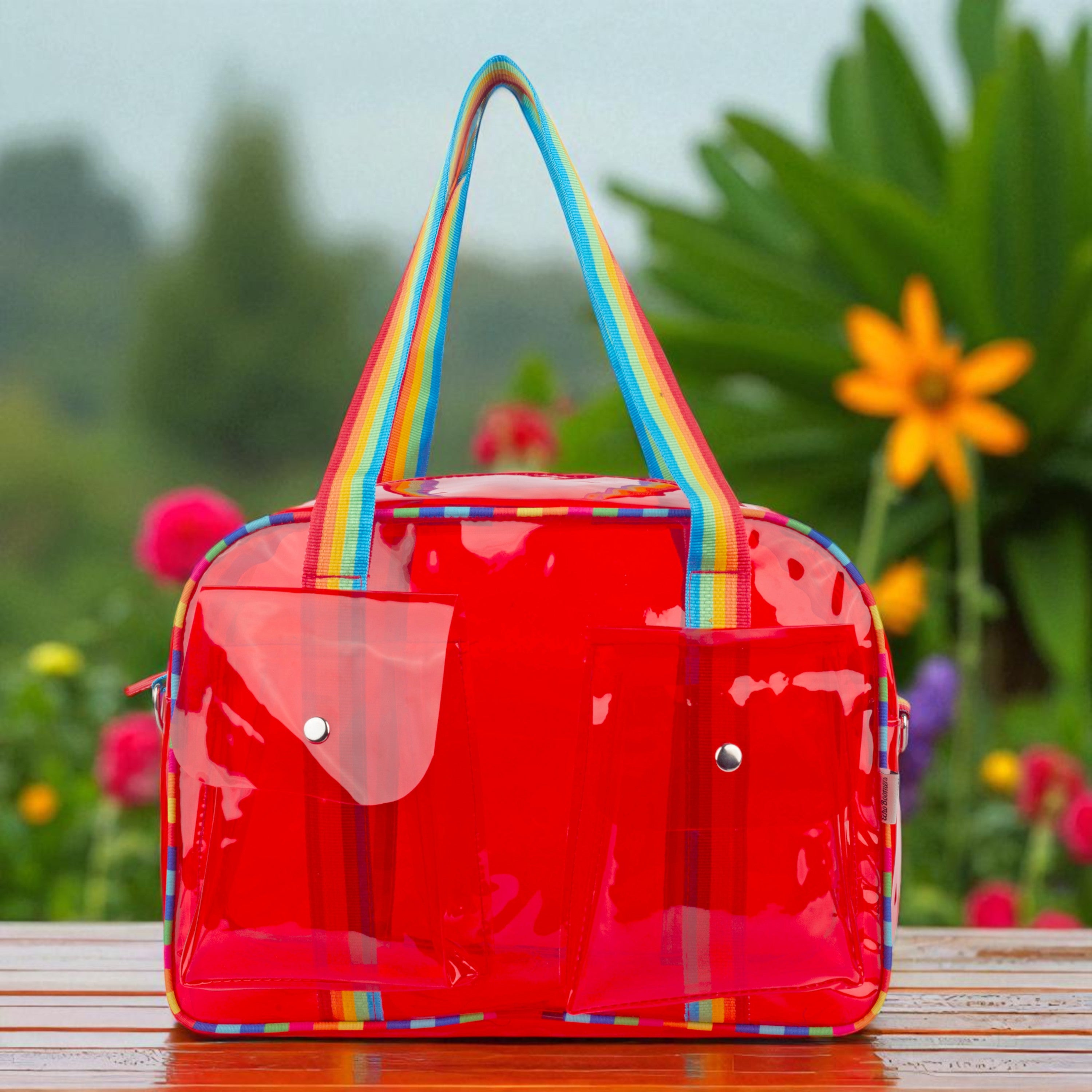 Echo Boomers Unisex Transparent Jelly Duffle Bag – Trendy  Travel Tote with Rainbow Straps & Dual Front Pockets – Fashion Gym, College & Weekend Bag