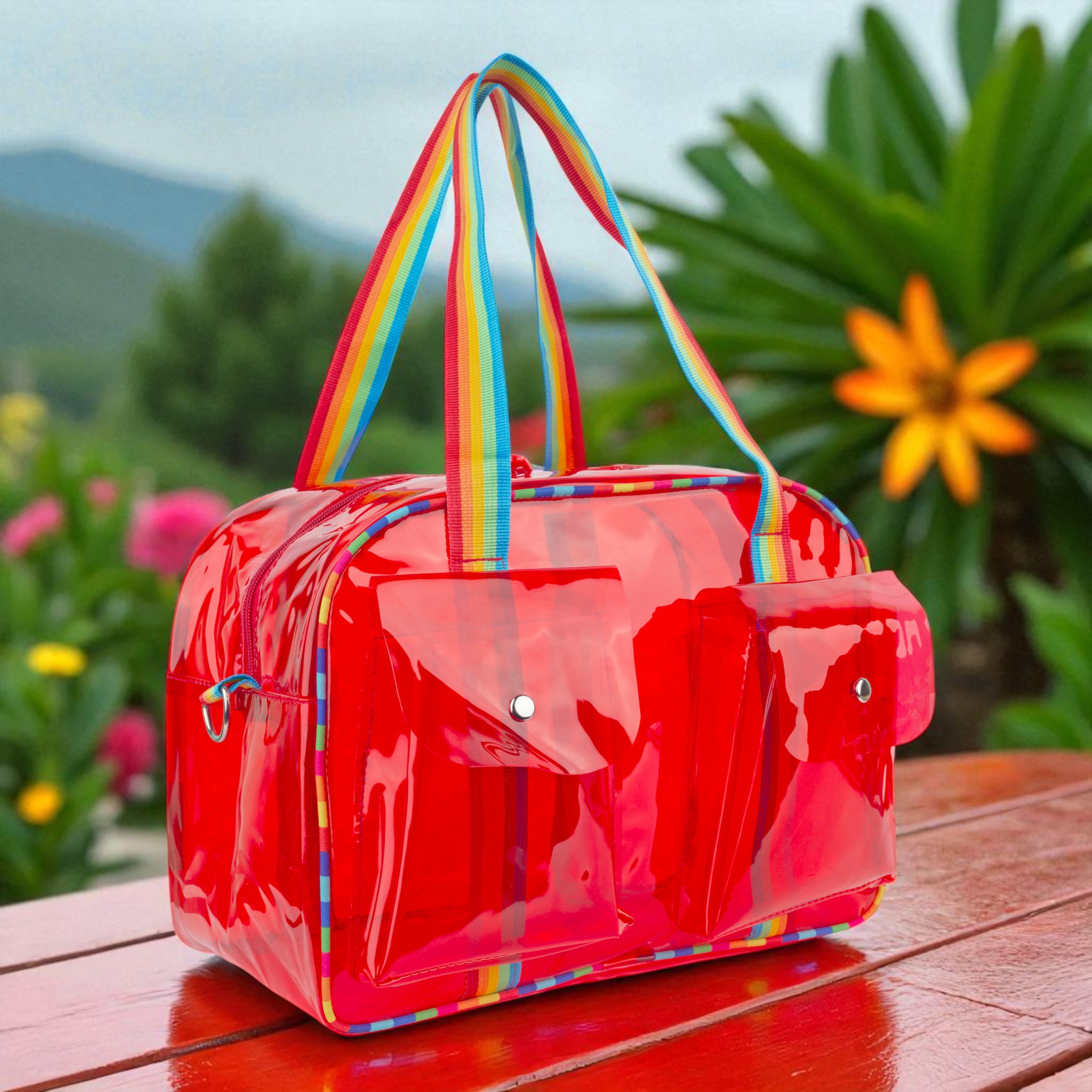 Echo Boomers Unisex Transparent Jelly Duffle Bag – Trendy  Travel Tote with Rainbow Straps & Dual Front Pockets – Fashion Gym, College & Weekend Bag