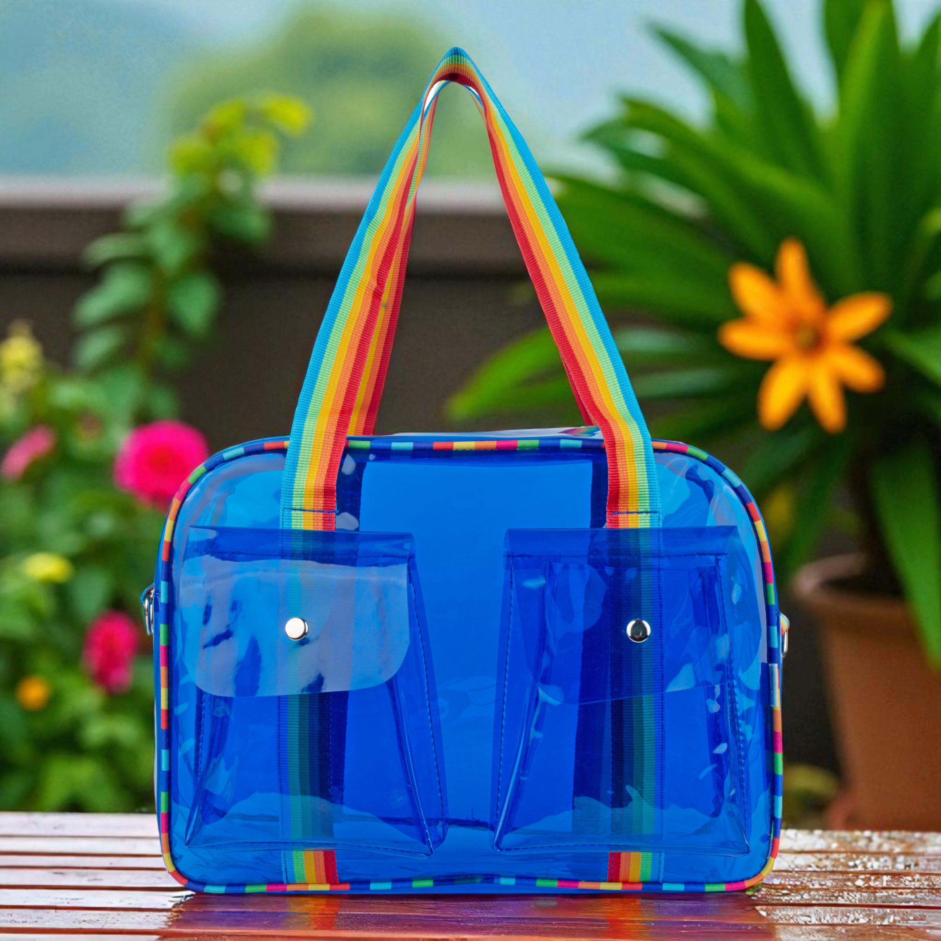 Echo Boomers Unisex Transparent Jelly Duffle Bag – Trendy  Travel Tote with Rainbow Straps & Dual Front Pockets – Fashion Gym, College & Weekend Bag