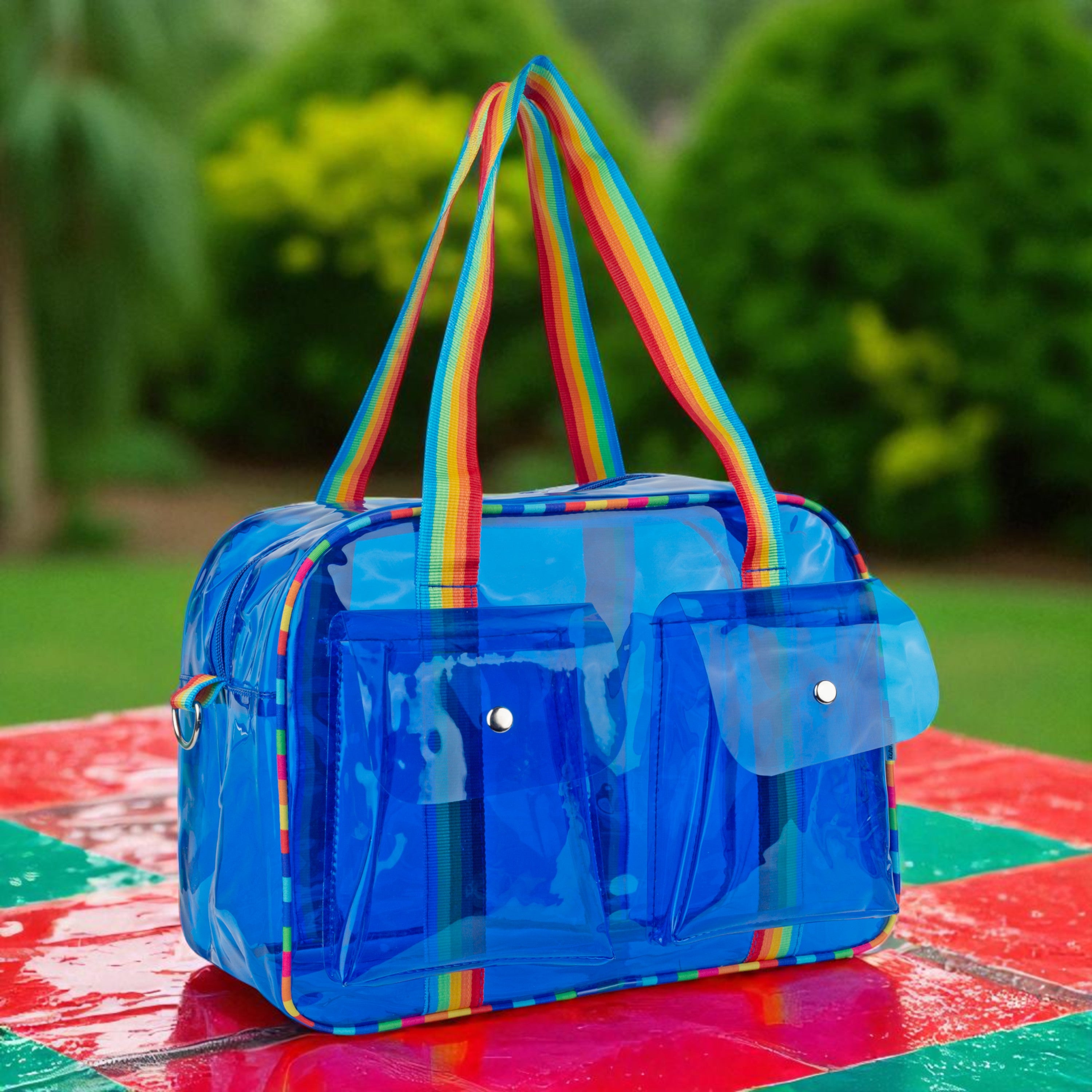 Echo Boomers Unisex Transparent Jelly Duffle Bag – Trendy  Travel Tote with Rainbow Straps & Dual Front Pockets – Fashion Gym, College & Weekend Bag