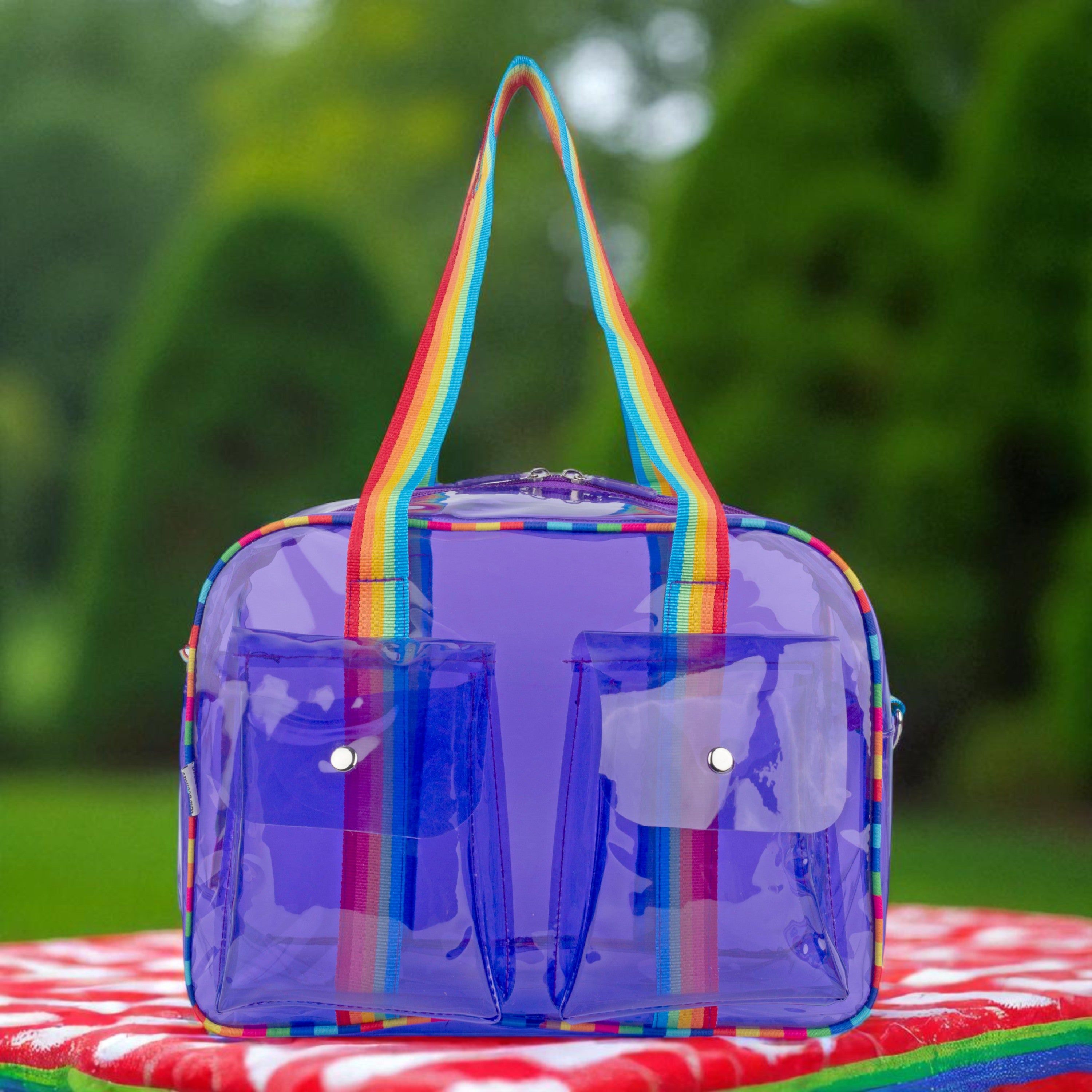 Echo Boomers Unisex Transparent Jelly Duffle Bag – Trendy  Travel Tote with Rainbow Straps & Dual Front Pockets – Fashion Gym, College & Weekend Bag