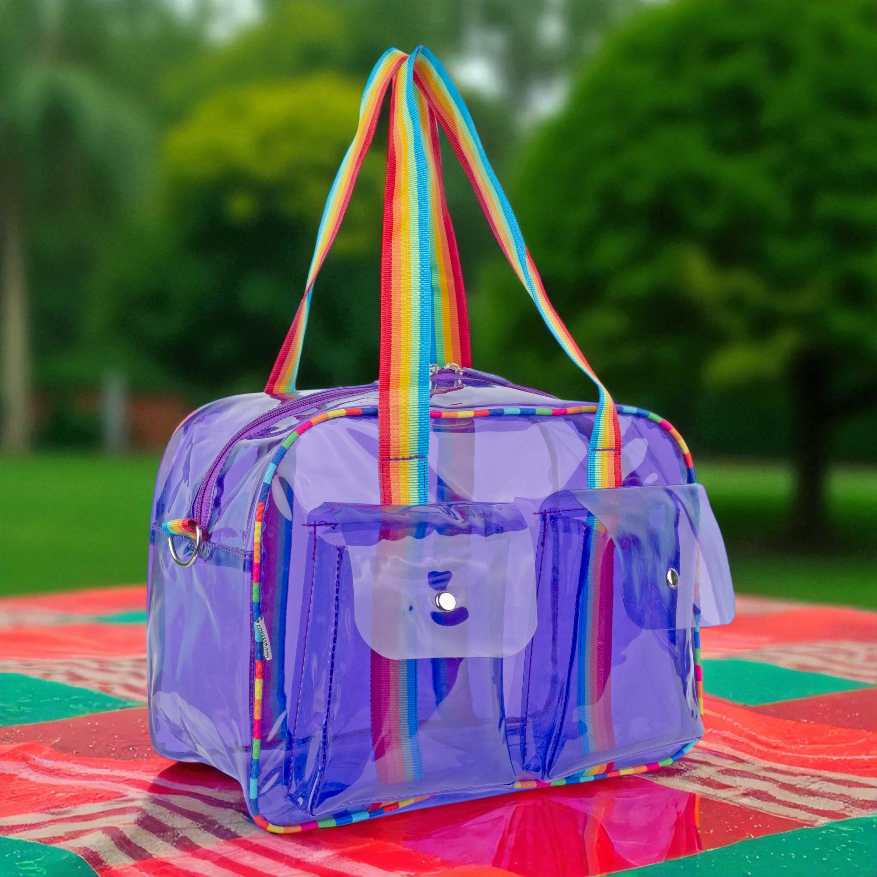 Echo Boomers Unisex Transparent Jelly Duffle Bag – Trendy  Travel Tote with Rainbow Straps & Dual Front Pockets – Fashion Gym, College & Weekend Bag