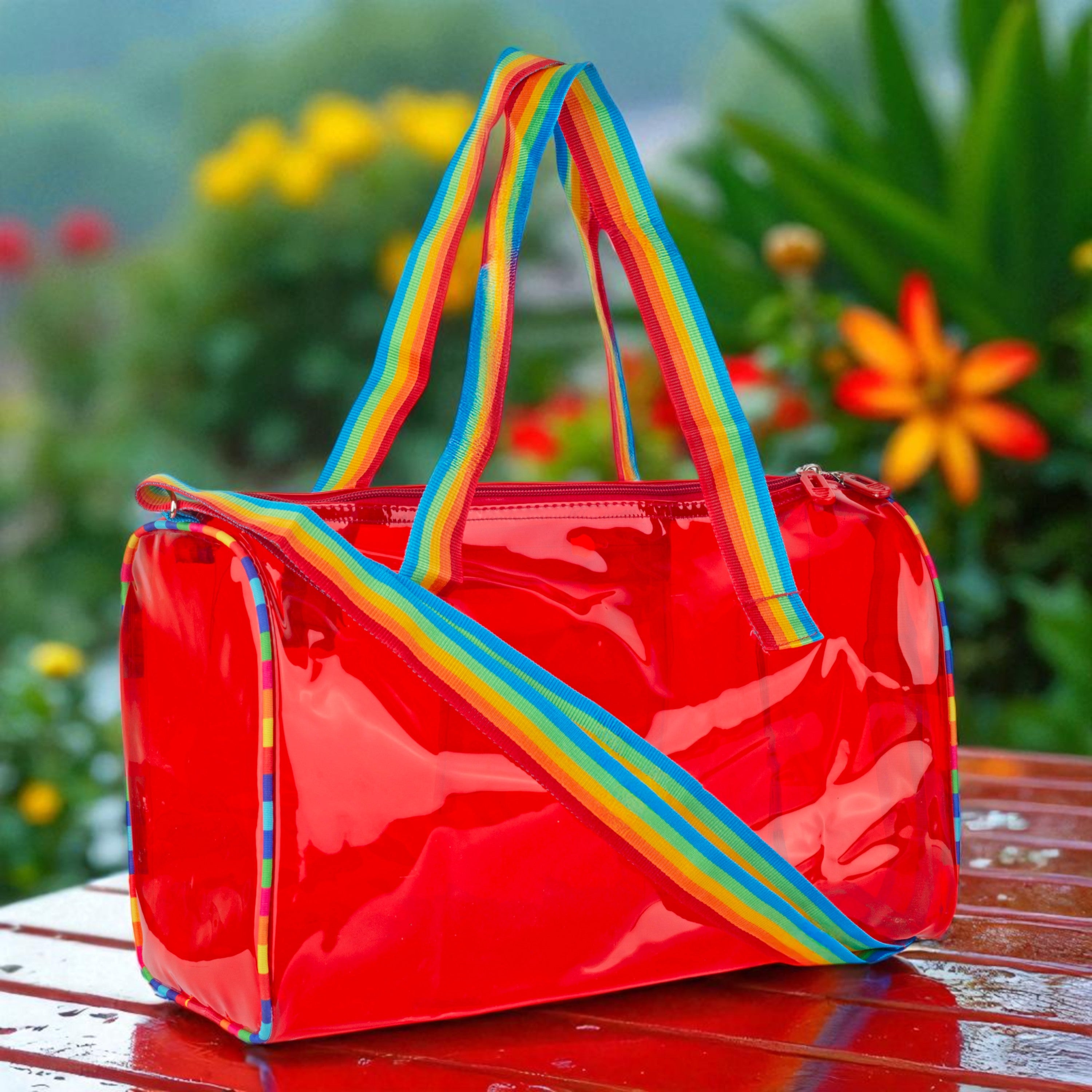 Echo Boomers See-Through Jelly Duffle –  Transparent Bag with Rainbow Handles | Trendy Handbag for School, Gym, Travel, Beach