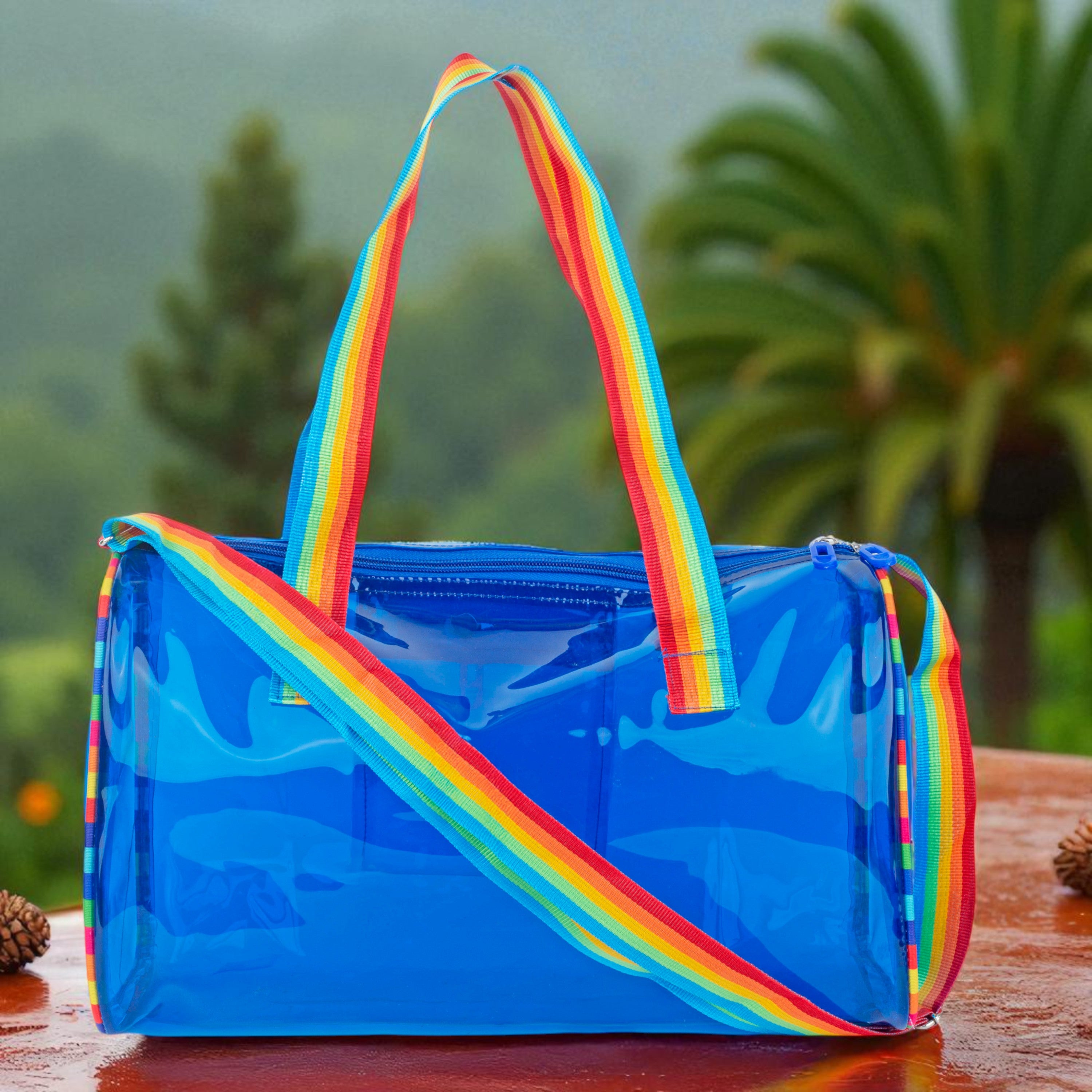 Echo Boomers See-Through Jelly Duffle –  Transparent Bag with Rainbow Handles | Trendy Handbag for School, Gym, Travel, Beach