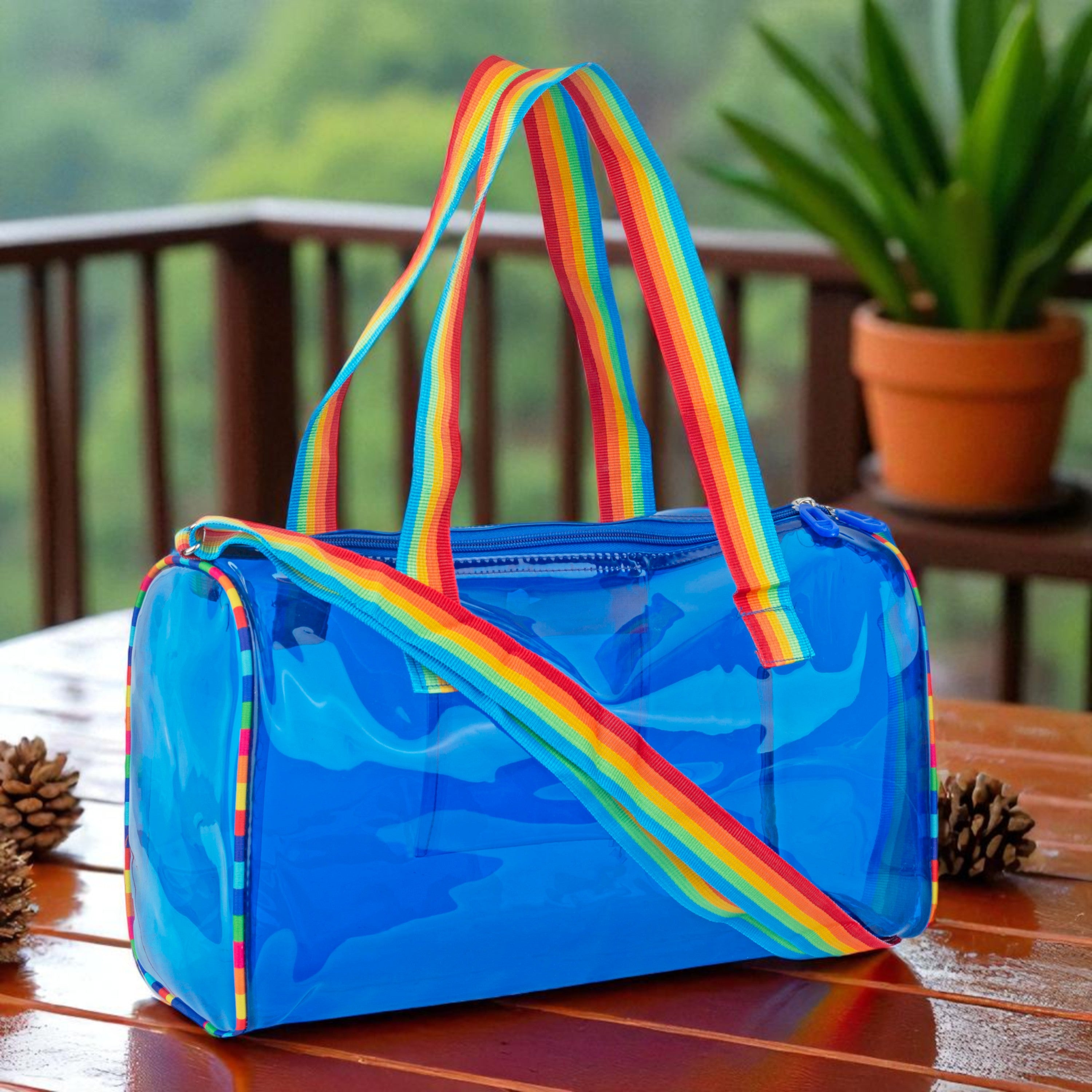 Echo Boomers See-Through Jelly Duffle –  Transparent Bag with Rainbow Handles | Trendy Handbag for School, Gym, Travel, Beach
