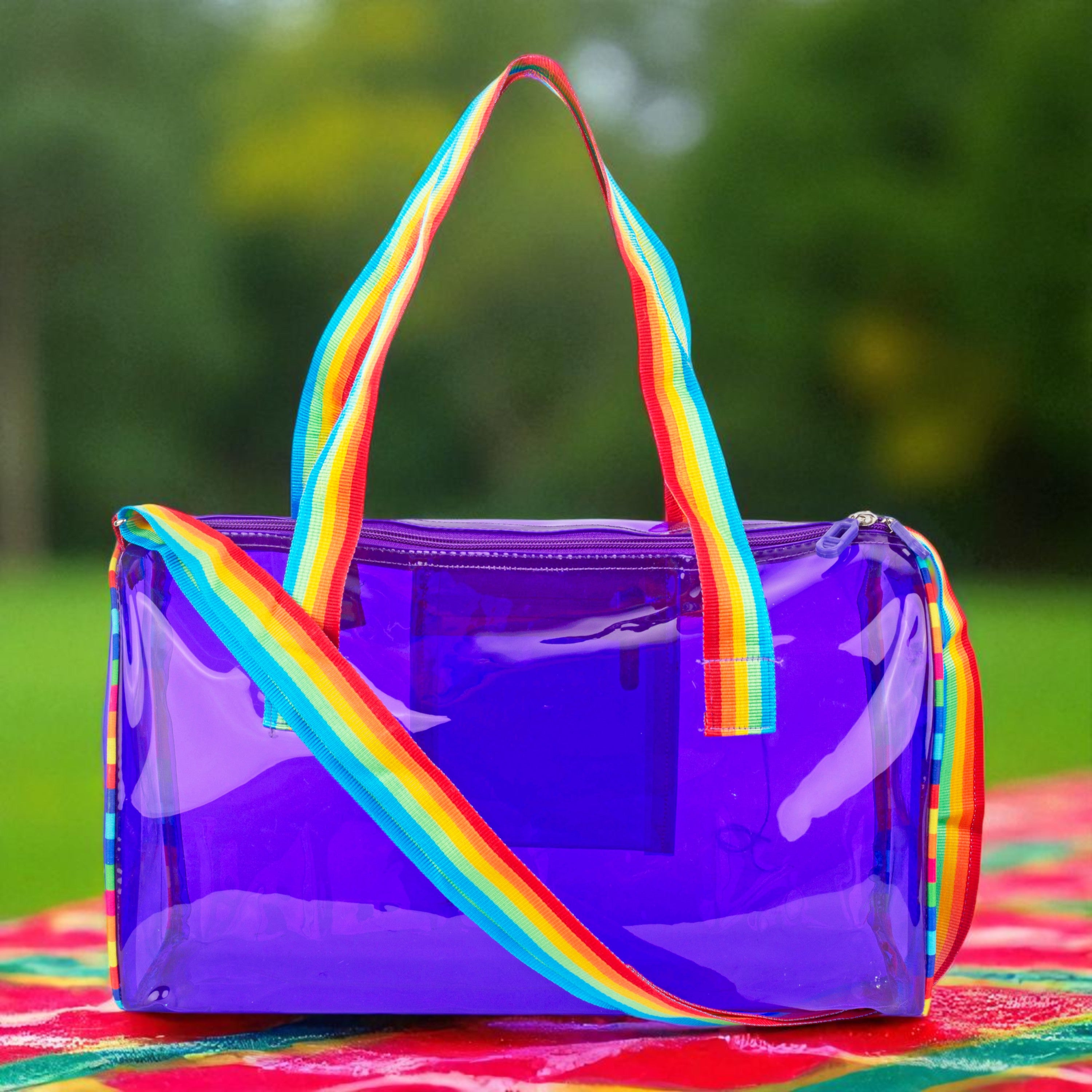 Echo Boomers See-Through Jelly Duffle –  Transparent Bag with Rainbow Handles | Trendy Handbag for School, Gym, Travel, Beach
