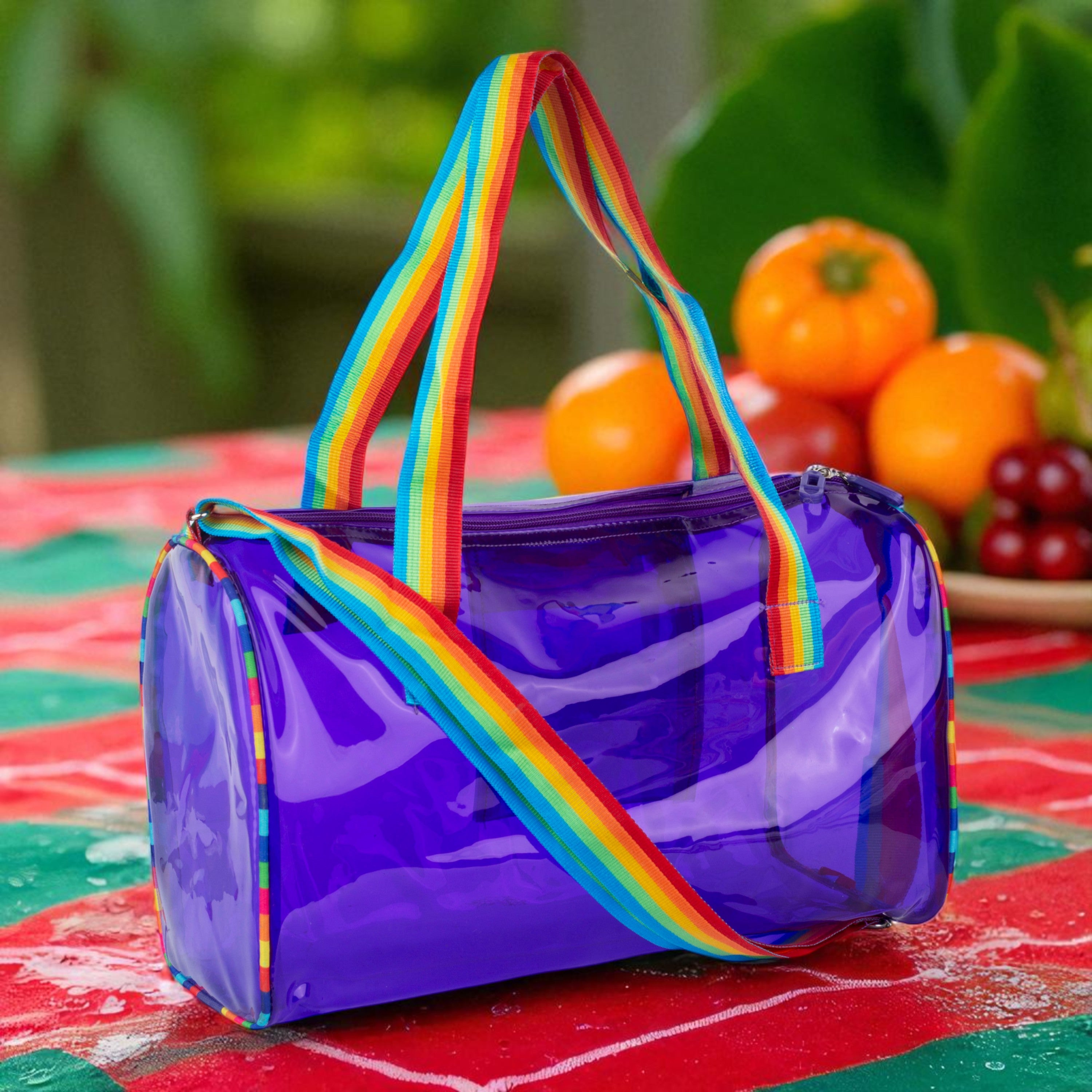 Echo Boomers See-Through Jelly Duffle –  Transparent Bag with Rainbow Handles | Trendy Handbag for School, Gym, Travel, Beach