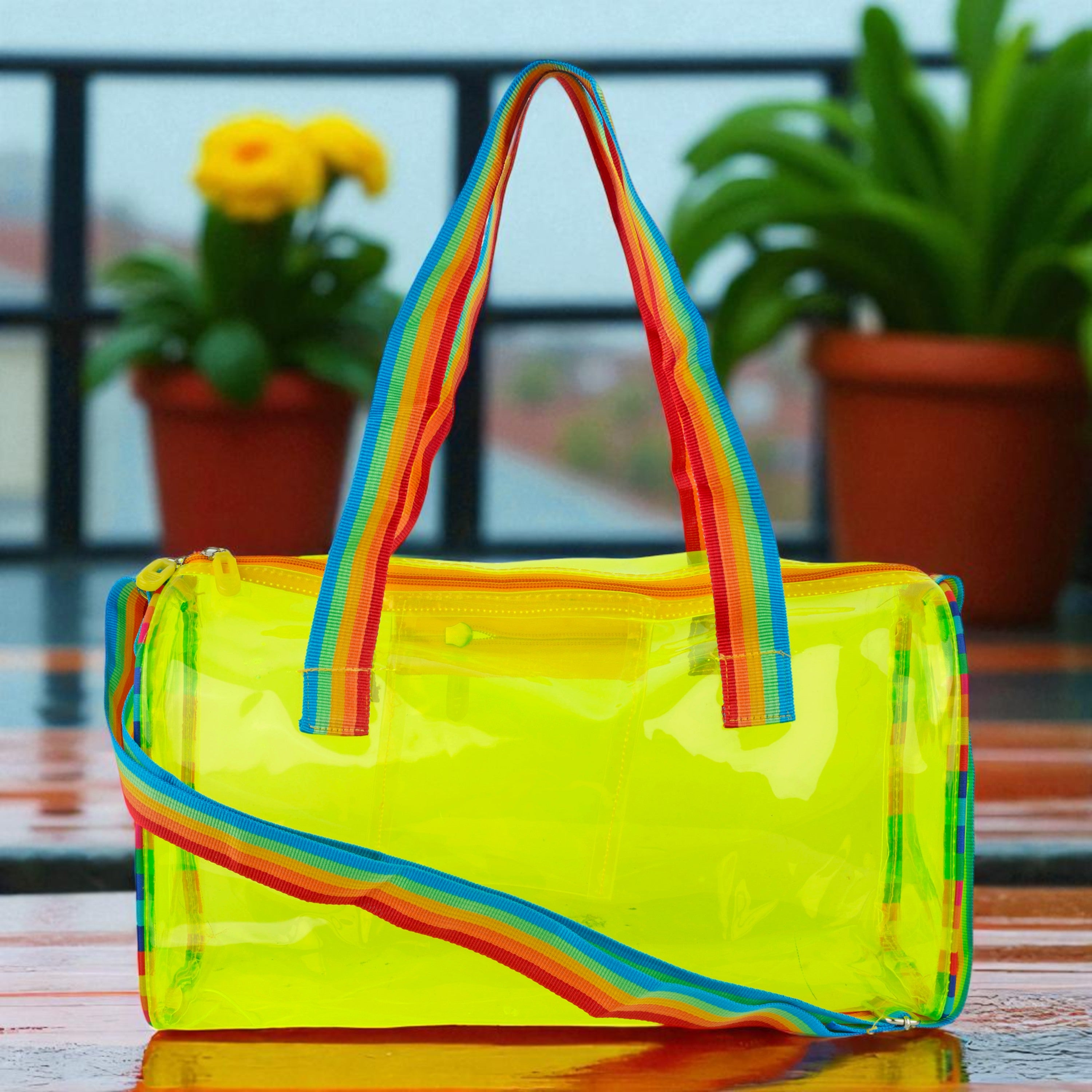 Echo Boomers See-Through Jelly Duffle –  Transparent Bag with Rainbow Handles | Trendy Handbag for School, Gym, Travel, Beach