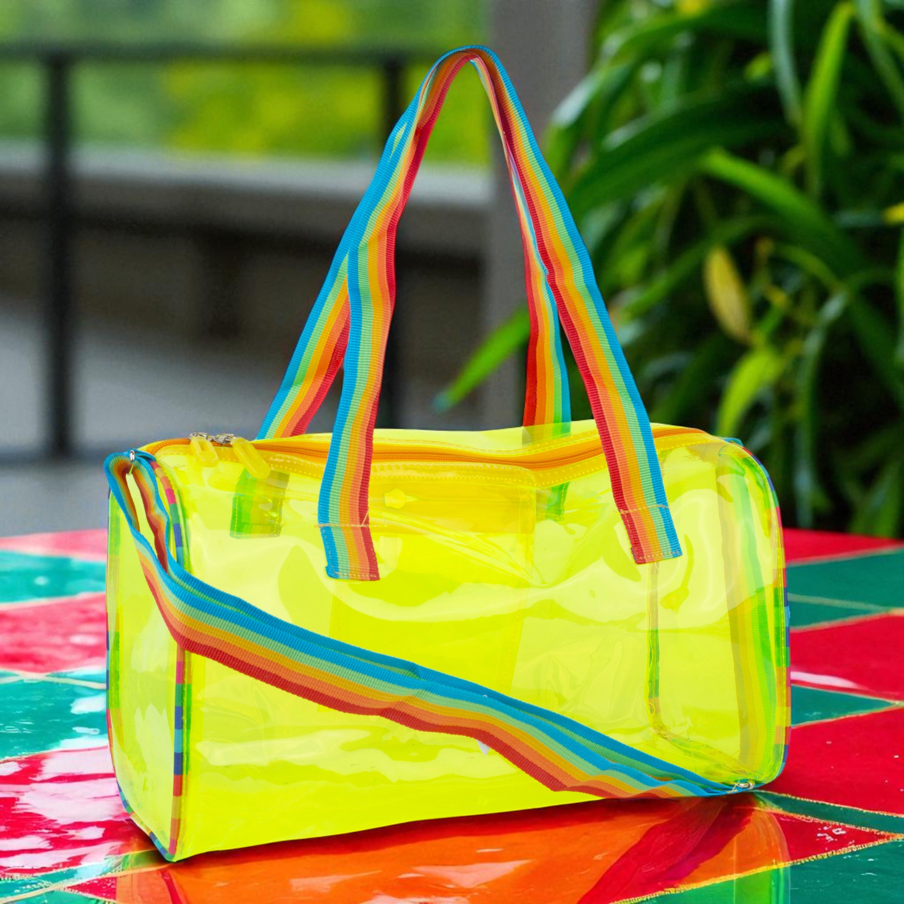 Echo Boomers See-Through Jelly Duffle –  Transparent Bag with Rainbow Handles | Trendy Handbag for School, Gym, Travel, Beach