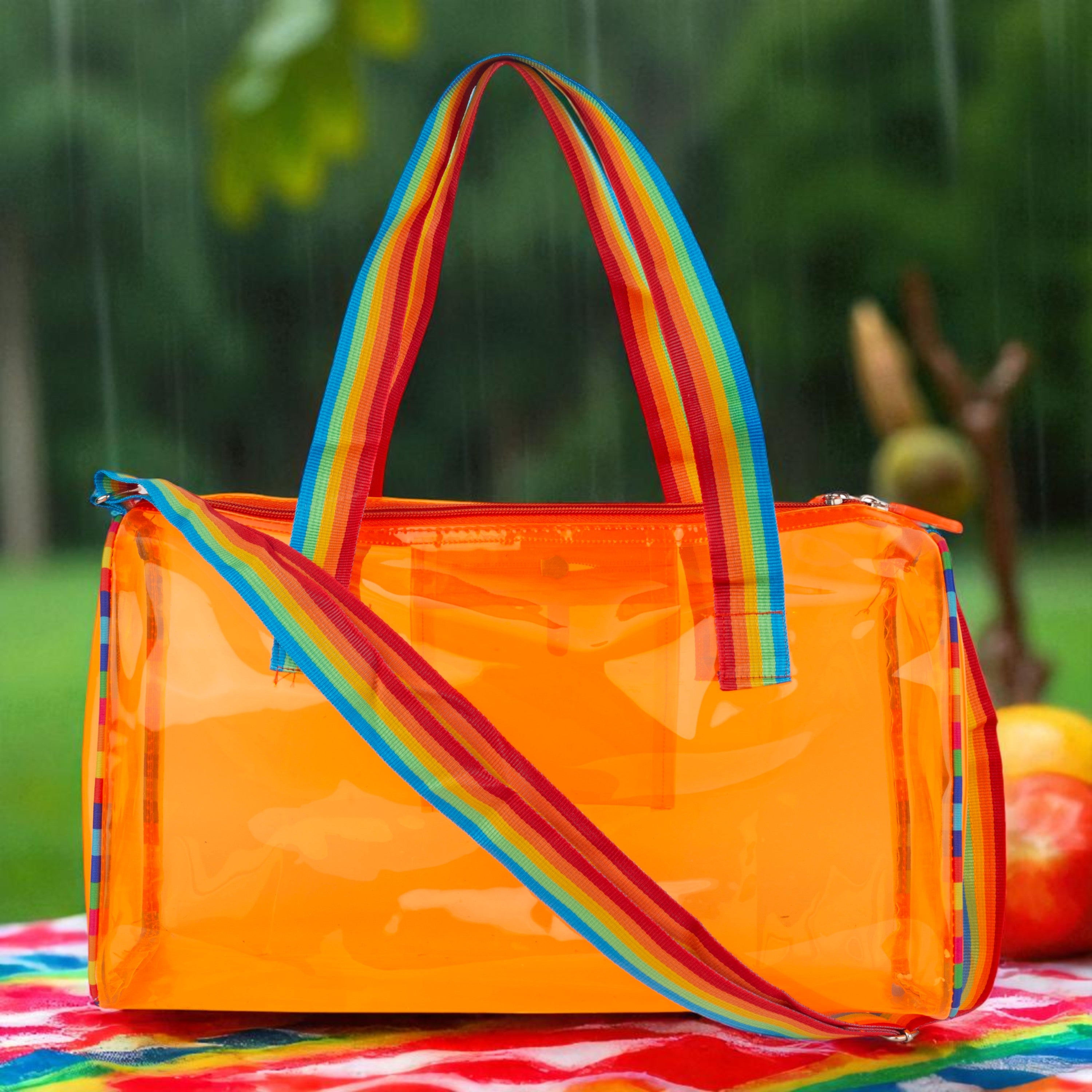 Echo Boomers See-Through Jelly Duffle –  Transparent Bag with Rainbow Handles | Trendy Handbag for School, Gym, Travel, Beach