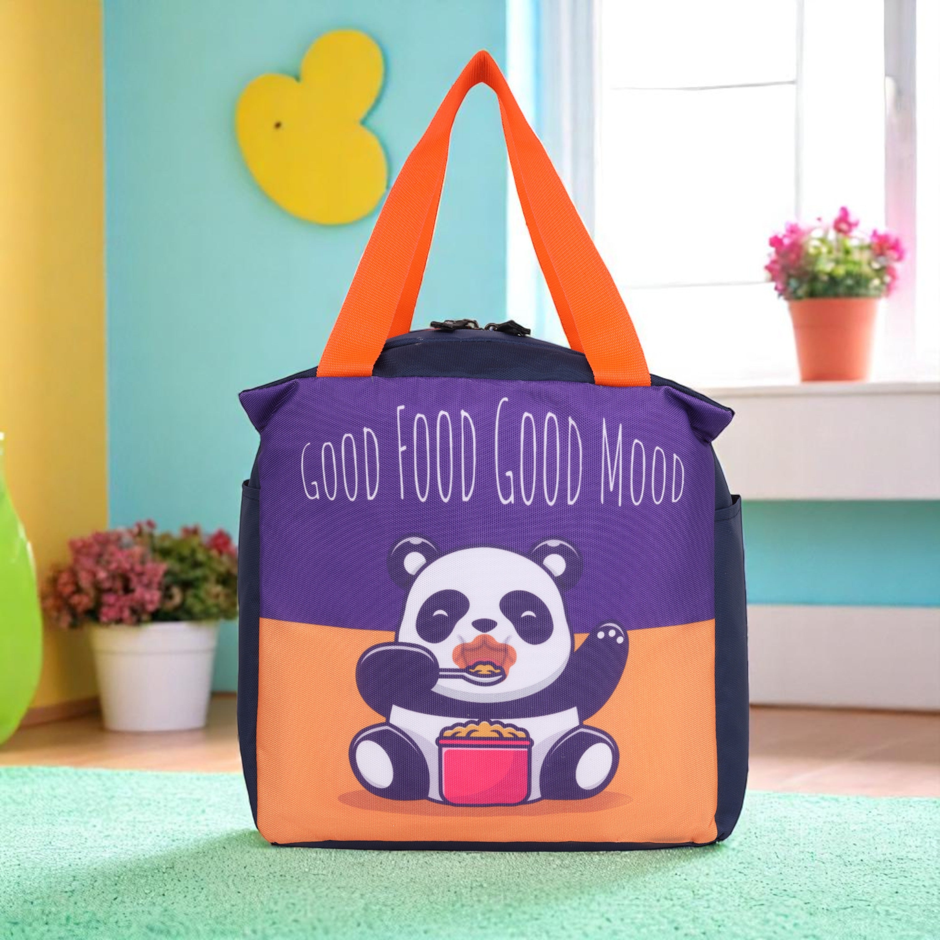 Echo Boomers Good Food Good Mood Panda Print Black Lunch Bag for Kids | Stylish, Lightweight & Durable | School, Travel & Picnic Use | Premium Zipper, Sturdy Handle, Easy to Clean