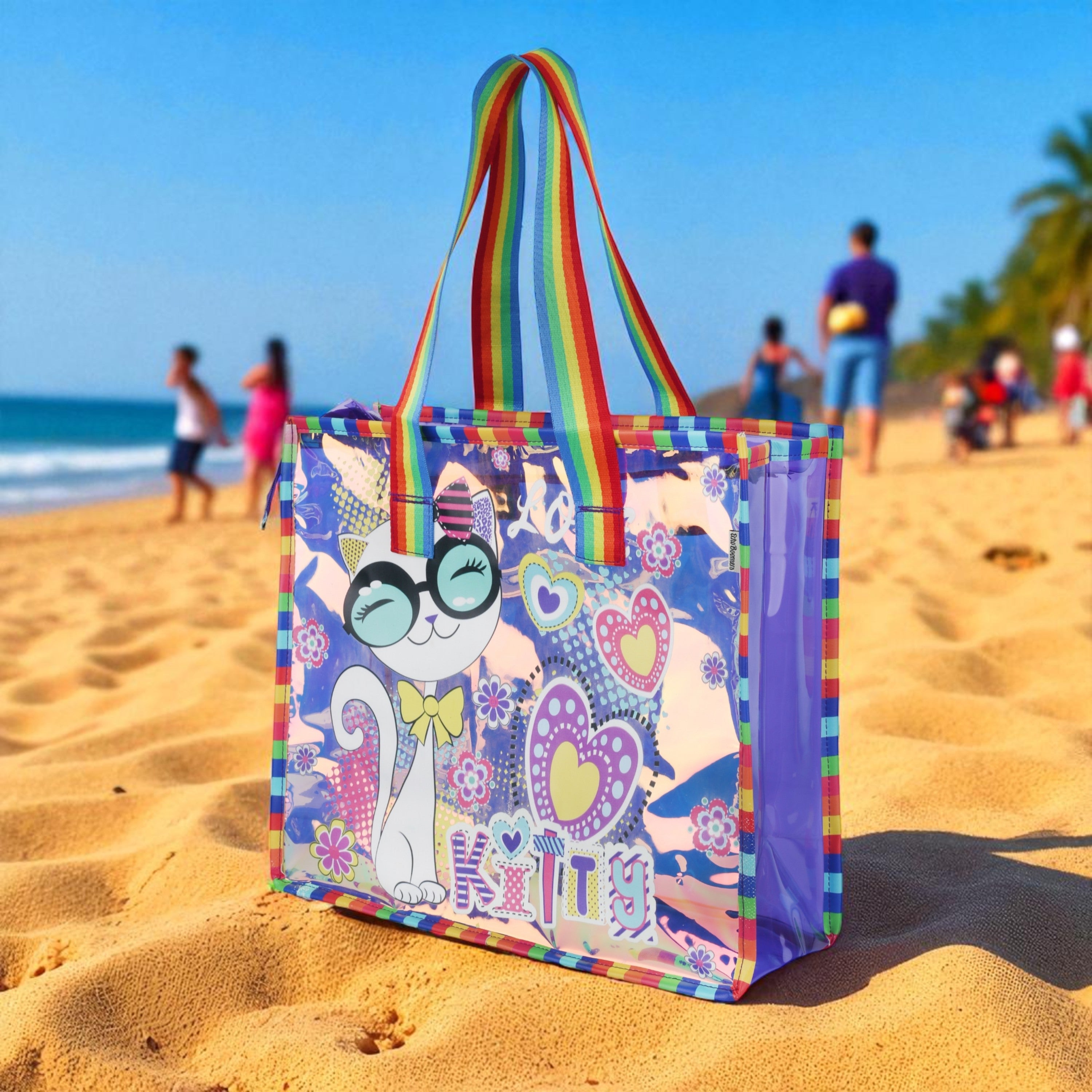 Echo Boomers Cute Mermaid,Magical Unicorn Wings,Astronaut, Stylish Cat,Cute Love Unicorn Transparent 50 GsmTote Bag – Rainbow Handles | Spacious, Durable & Stylish PVC Bag