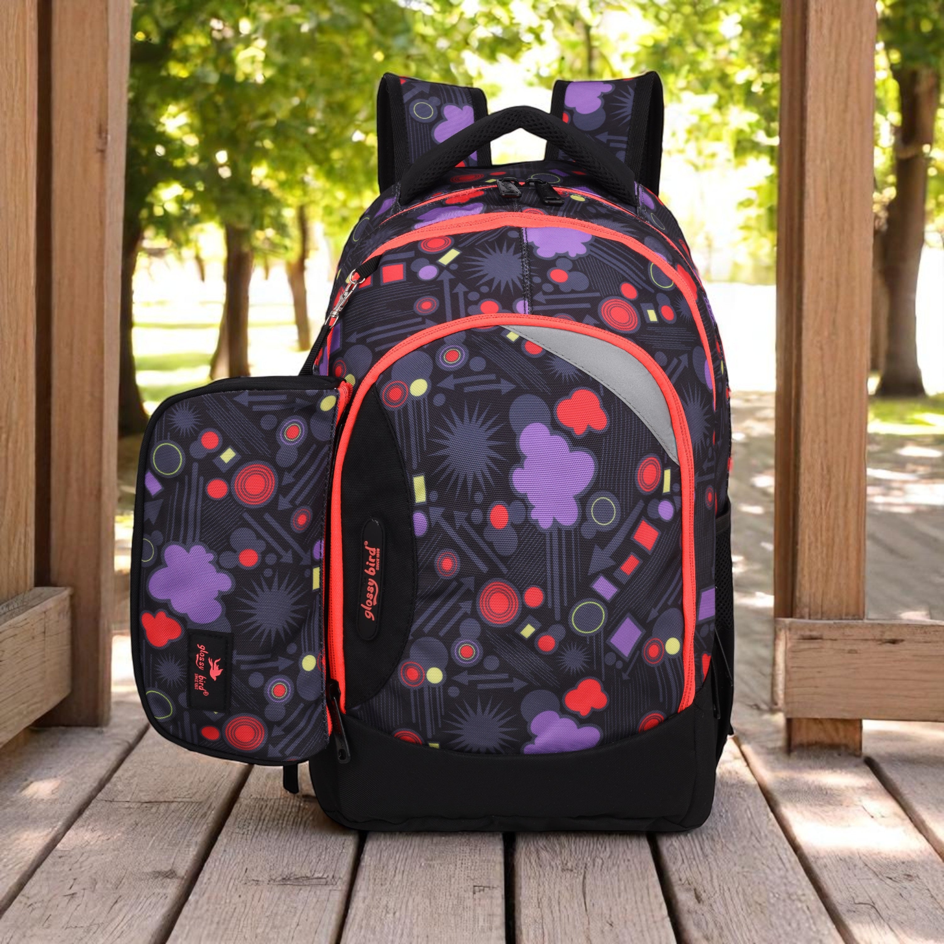 Echo Boomers Glossy Bird Backpack (BLACK) – Lightweight Water-Resistant School Bag for Girls & Boys with Detachable Pouch & Bottle Holder – Stylish Multi-Pocket Travel Backpack