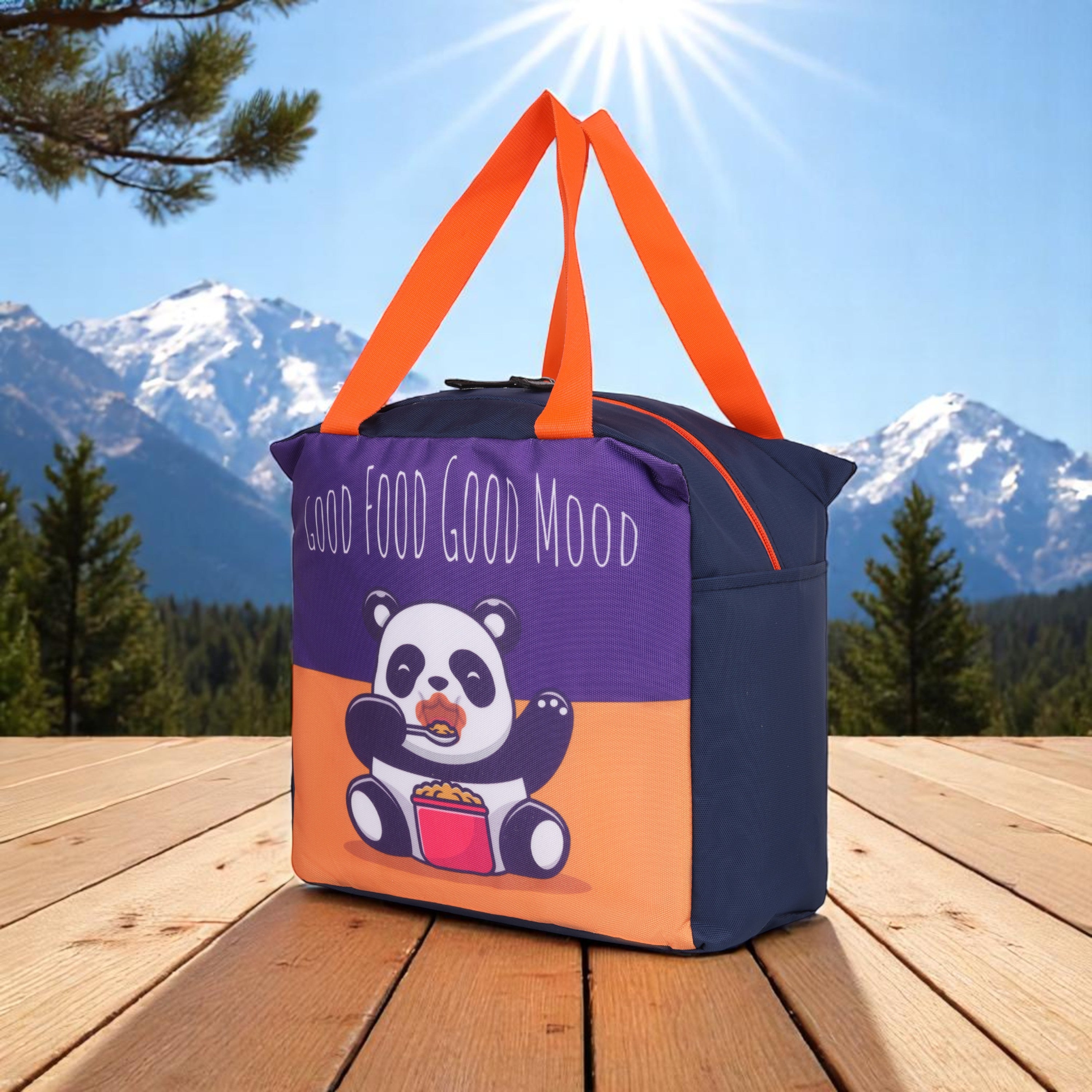 Echo Boomers Good Food Good Mood Panda Print Black Lunch Bag for Kids | Stylish, Lightweight & Durable | School, Travel & Picnic Use | Premium Zipper, Sturdy Handle, Easy to Clean