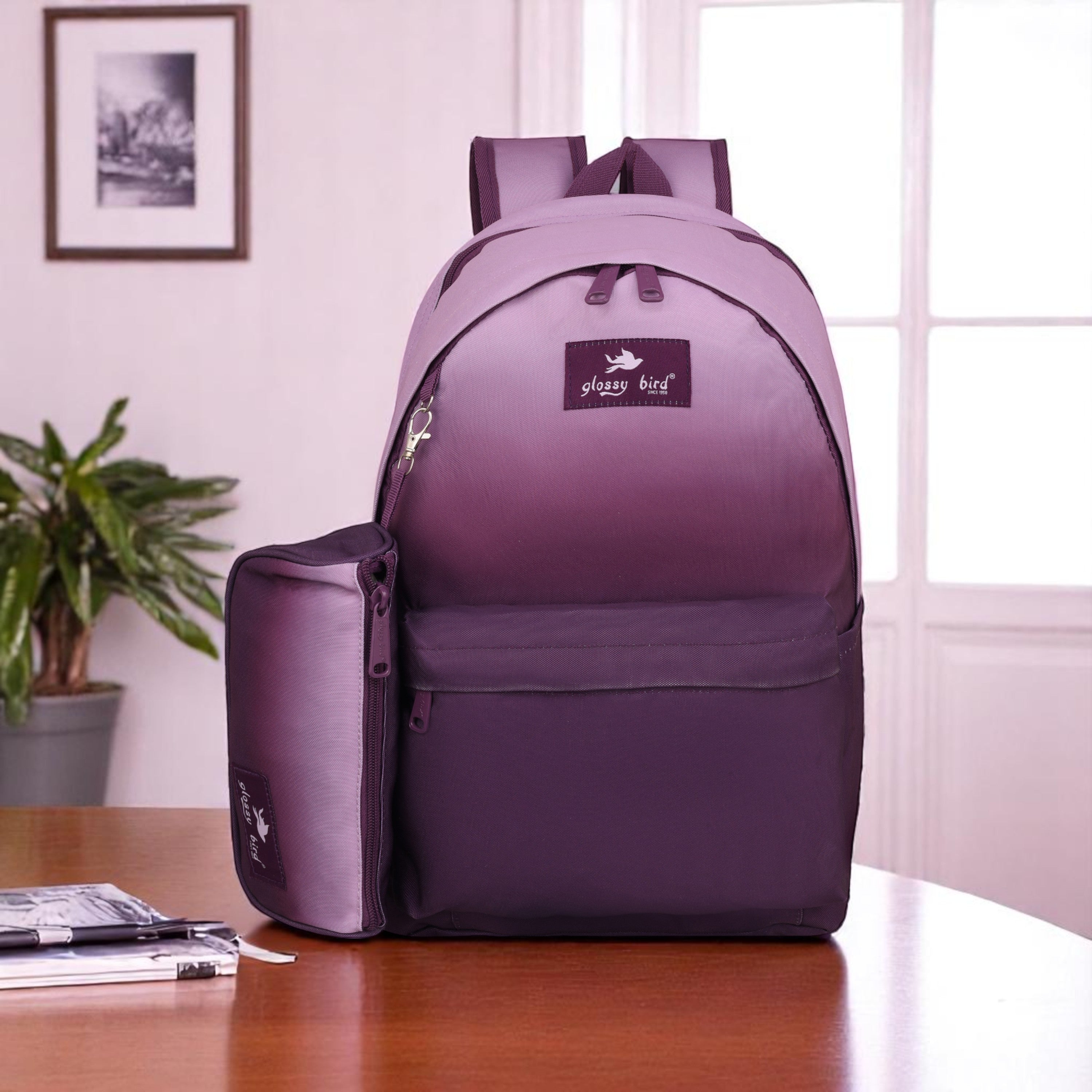 Echo Boomers Glossy Bird Backpack with Pouch – Casual Backpack with Compartments, Front Pocket, Bottle Holder – Ideal for School, College, Travel – Boys, Girls, Men, Women (Pink)