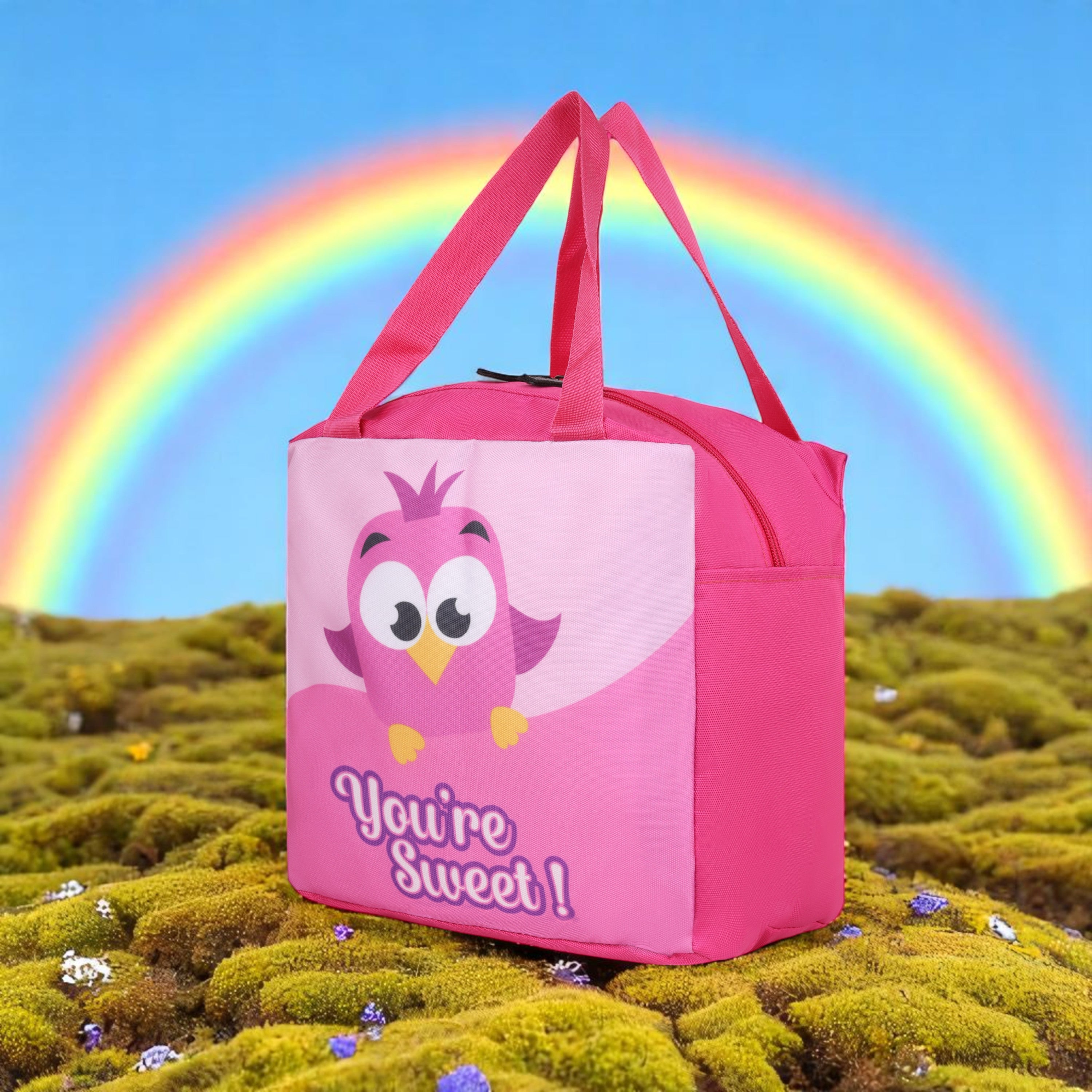 Echo Boomers You Are Sweet Pink Bird Print Lunch Bag for Kids | Stylish, Lightweight & Durable | School, Travel & Picnic Use | Premium Zipper, Sturdy Handle, Easy to Clean
