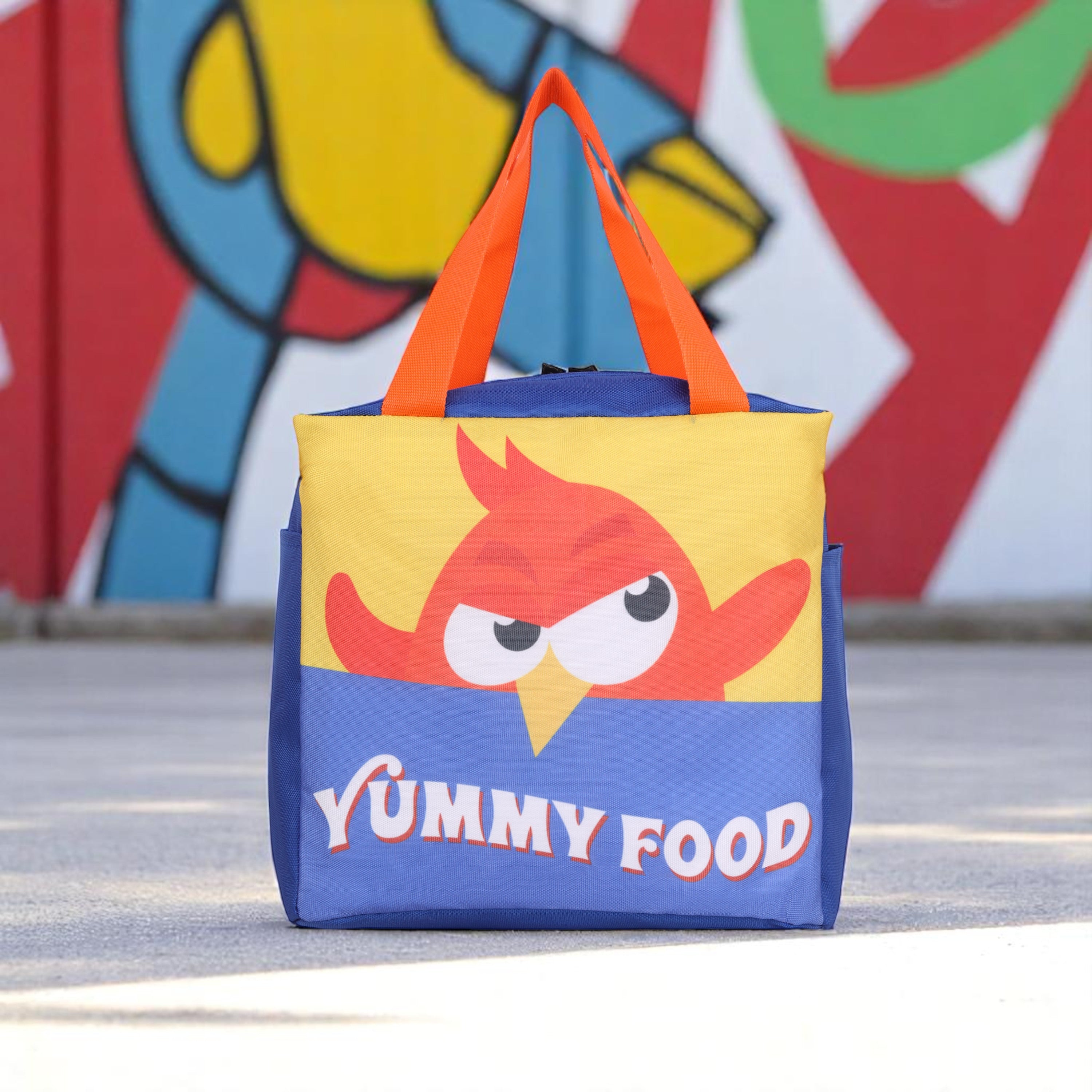 Echo Boomers Yummy Food Blue Lunch Bag with Orange Bird Print for Kids | Stylish, Lightweight & Durable | School, Travel & Picnic Use | Premium Zipper, Sturdy Handle, Easy to Clean