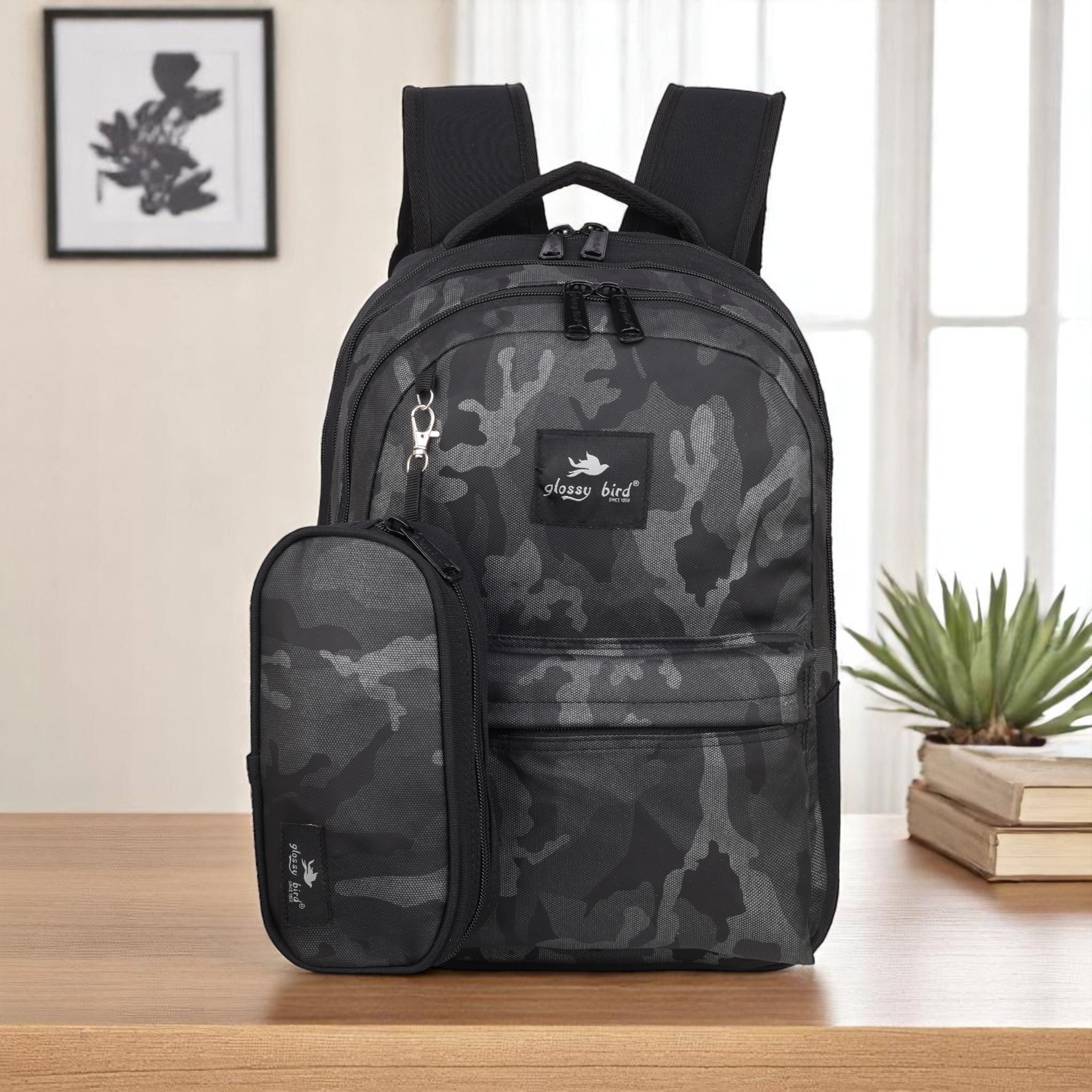 Echo Boomers Glossy Bird Backpack – Water-Resistant Unisex Bag with 4 Compartments, Bottle Holder, Detachable Pouch & Padded Straps – Travel & School Backpack (SKY)