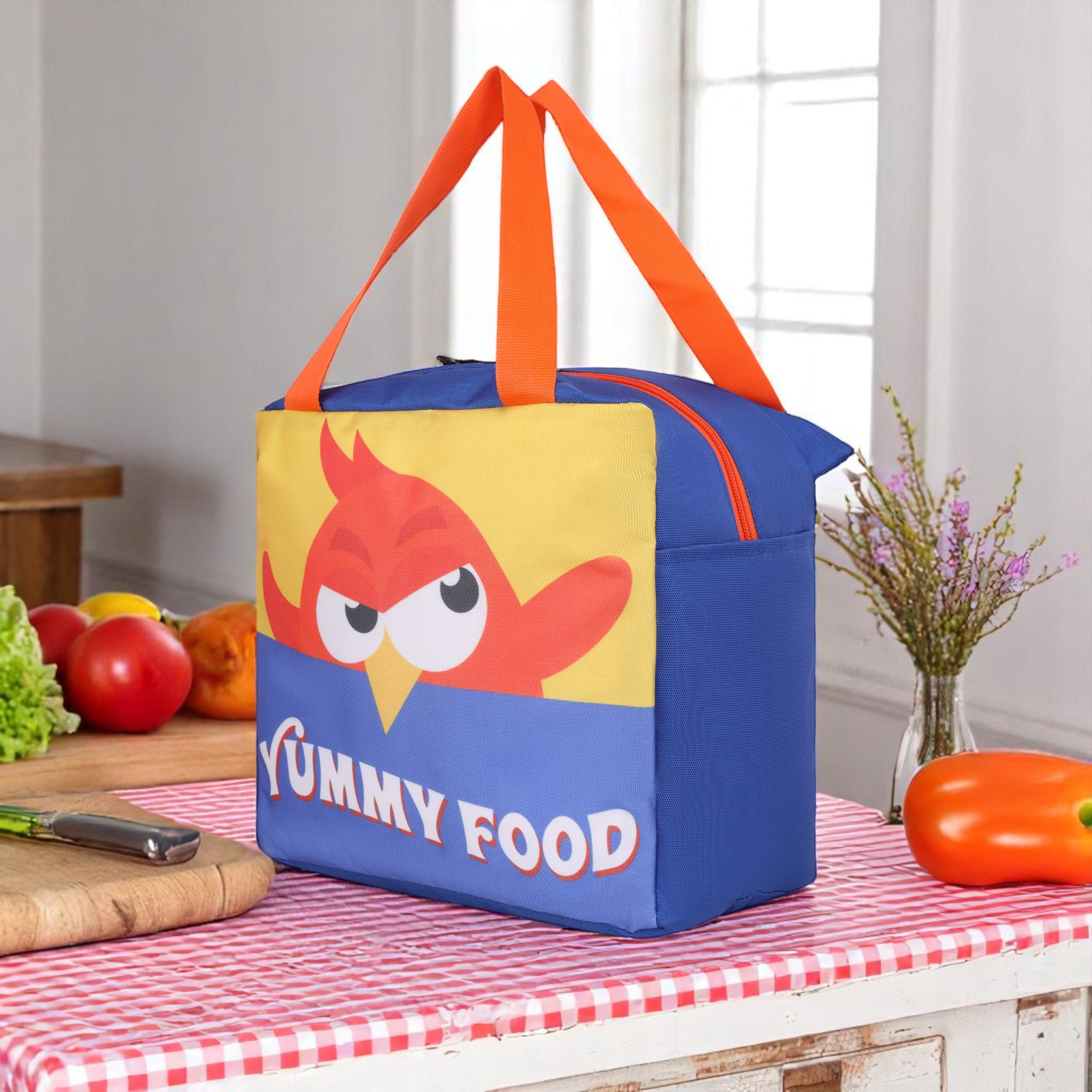 Echo Boomers Yummy Food Blue Lunch Bag with Orange Bird Print for Kids | Stylish, Lightweight & Durable | School, Travel & Picnic Use | Premium Zipper, Sturdy Handle, Easy to Clean