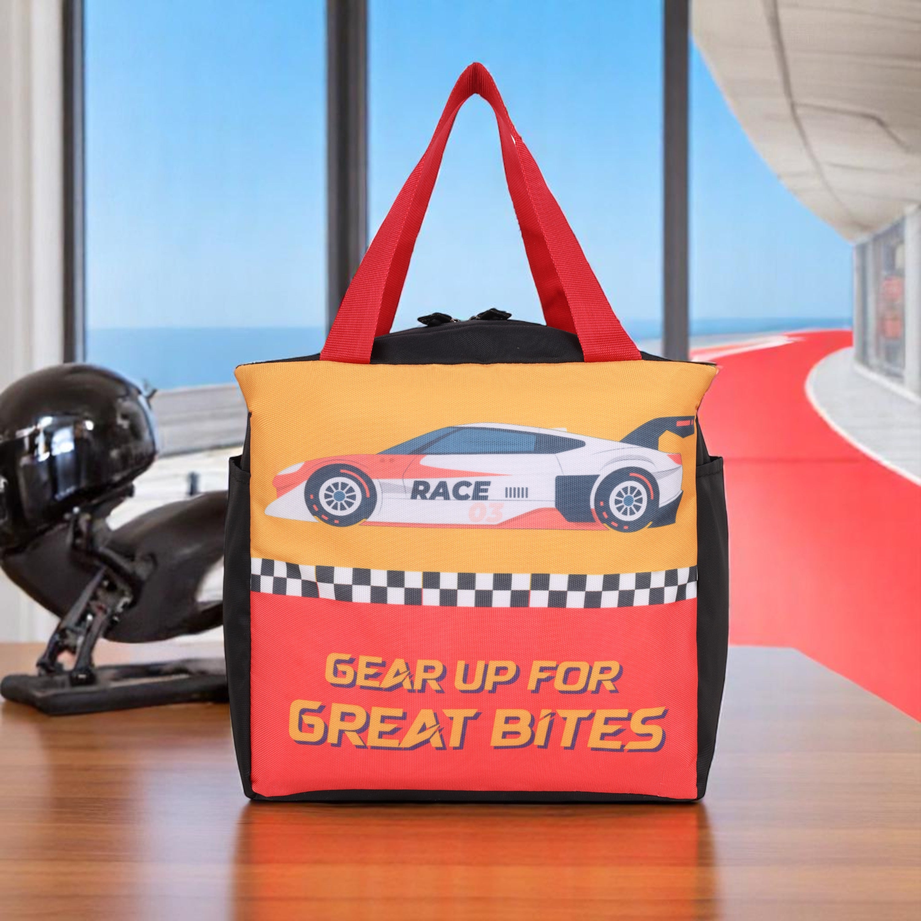 Echo Boomers Gear Up for Great Bites Race Car Black Lunch Bag for Kids | Stylish, Lightweight & Durable | School, Travel & Picnic Use | Premium Zipper, Sturdy Handle, Easy to Clean