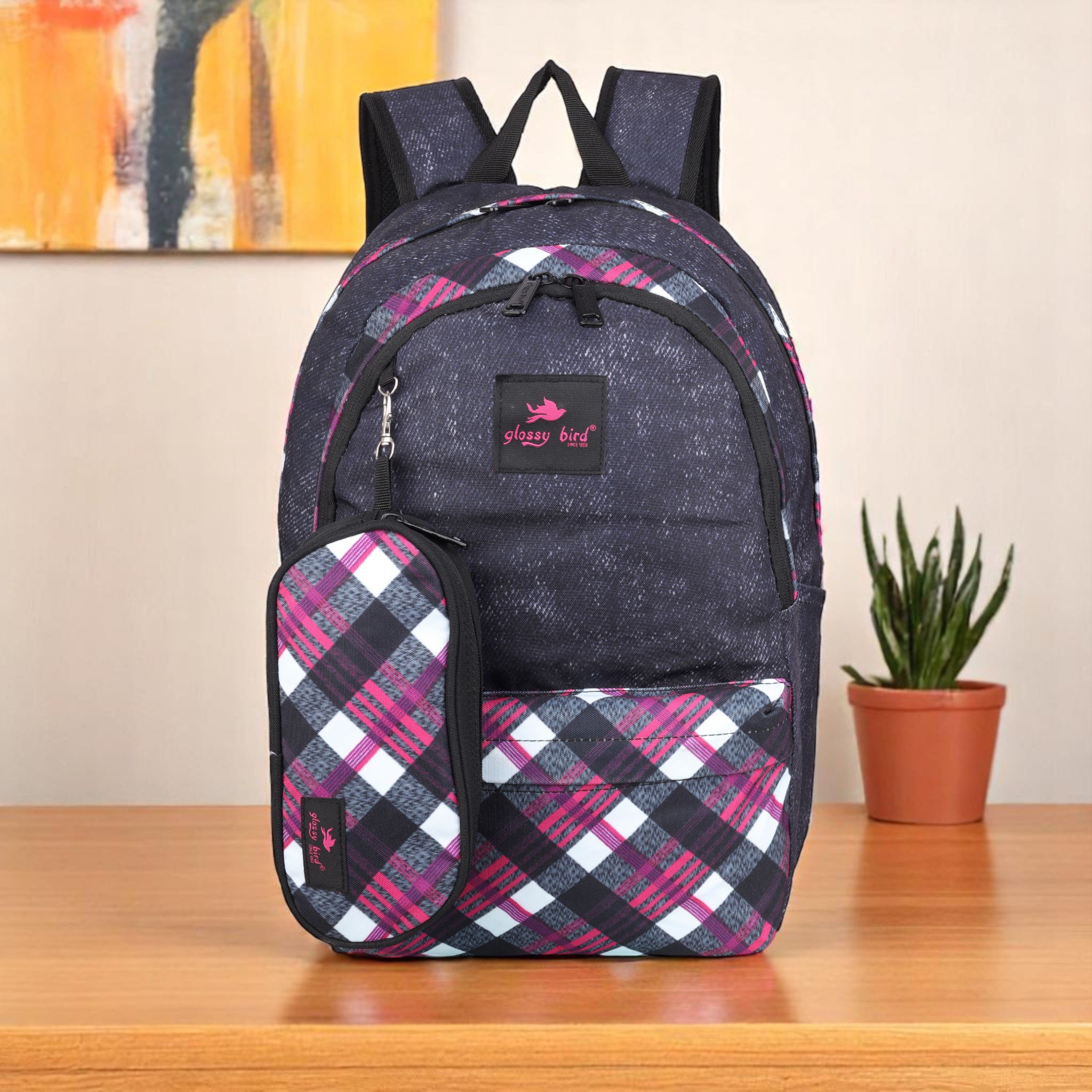 Echo Boomers Glossy Bird 21L Unisex Backpack with Pouch – Stylish Check Design, 3 Compartments, Front Pocket, Bottle Holder – Water-Resistant School, Travel, Office Bag (Yellow