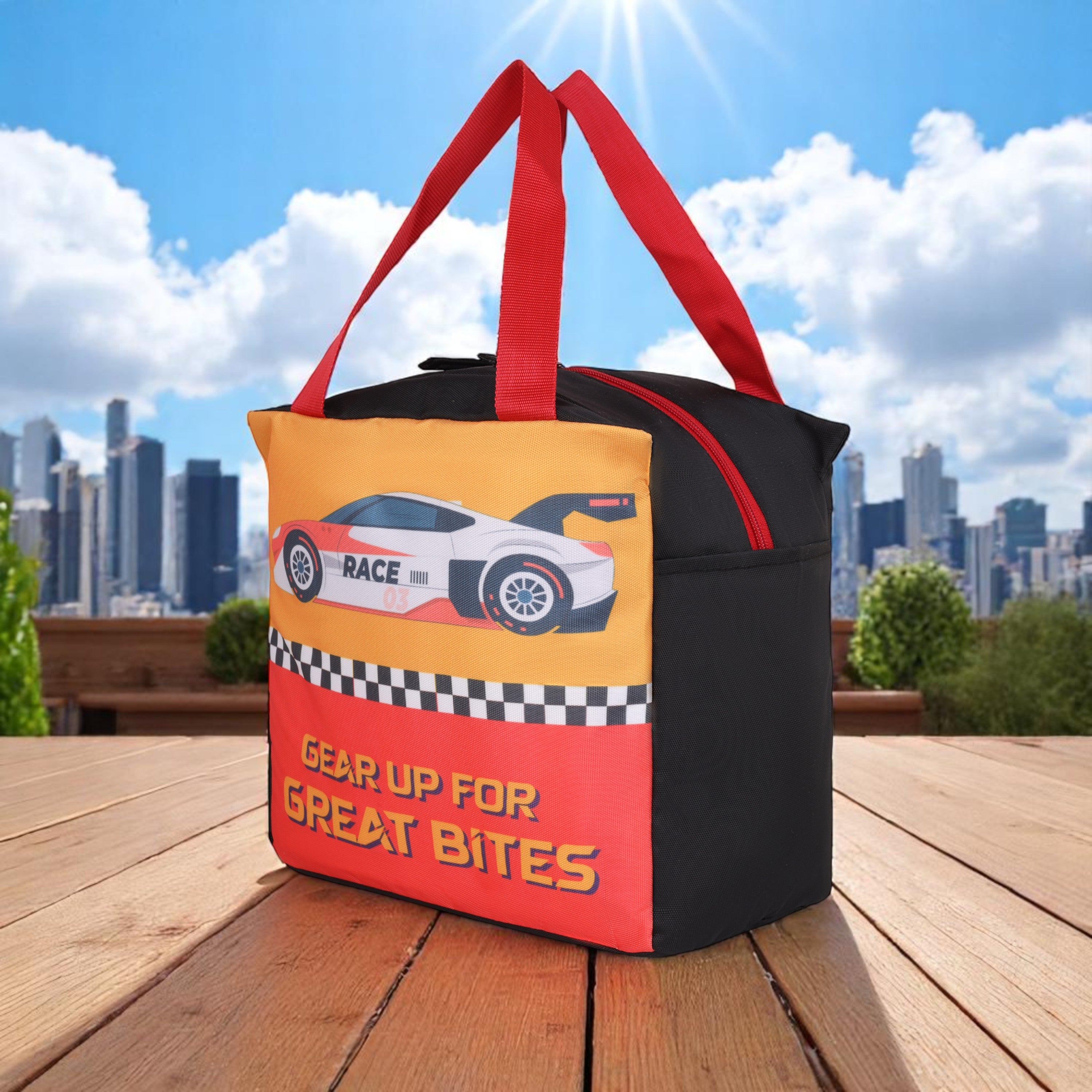 Echo Boomers Gear Up for Great Bites Race Car Black Lunch Bag for Kids | Stylish, Lightweight & Durable | School, Travel & Picnic Use | Premium Zipper, Sturdy Handle, Easy to Clean