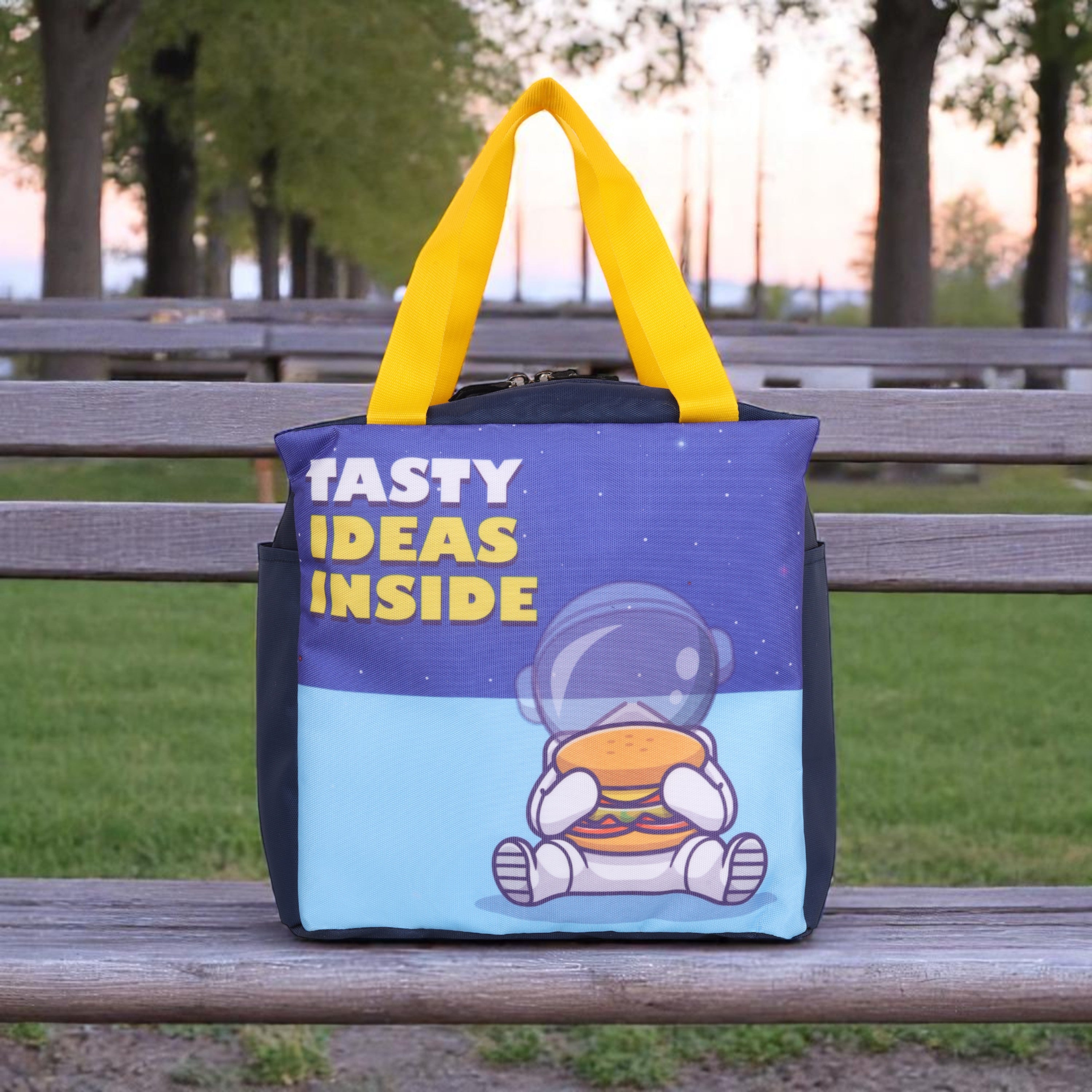 Echo Boomers Tasty Ideas Inside Spaceman Blue Lunch Bag for Kids | Stylish, Lightweight & Durable | School, Travel & Picnic Use | Sturdy Handle, Premium Zipper, Easy to Clean