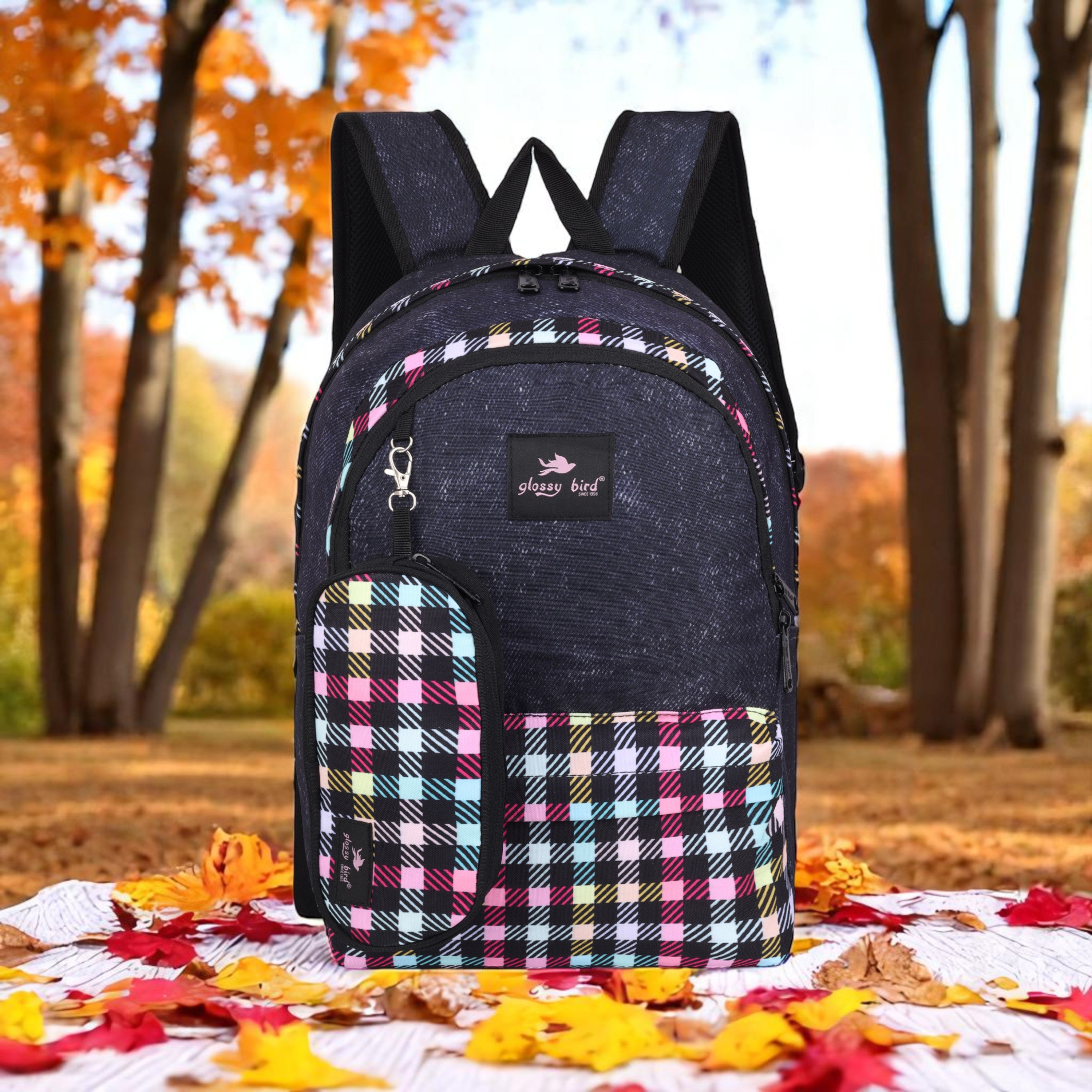 Echo Boomers Glossy Bird 21L Unisex Backpack with Pouch – Stylish Check Design, 3 Compartments, Front Pocket, Bottle Holder – Water-Resistant School, Travel, Office Bag (Yellow