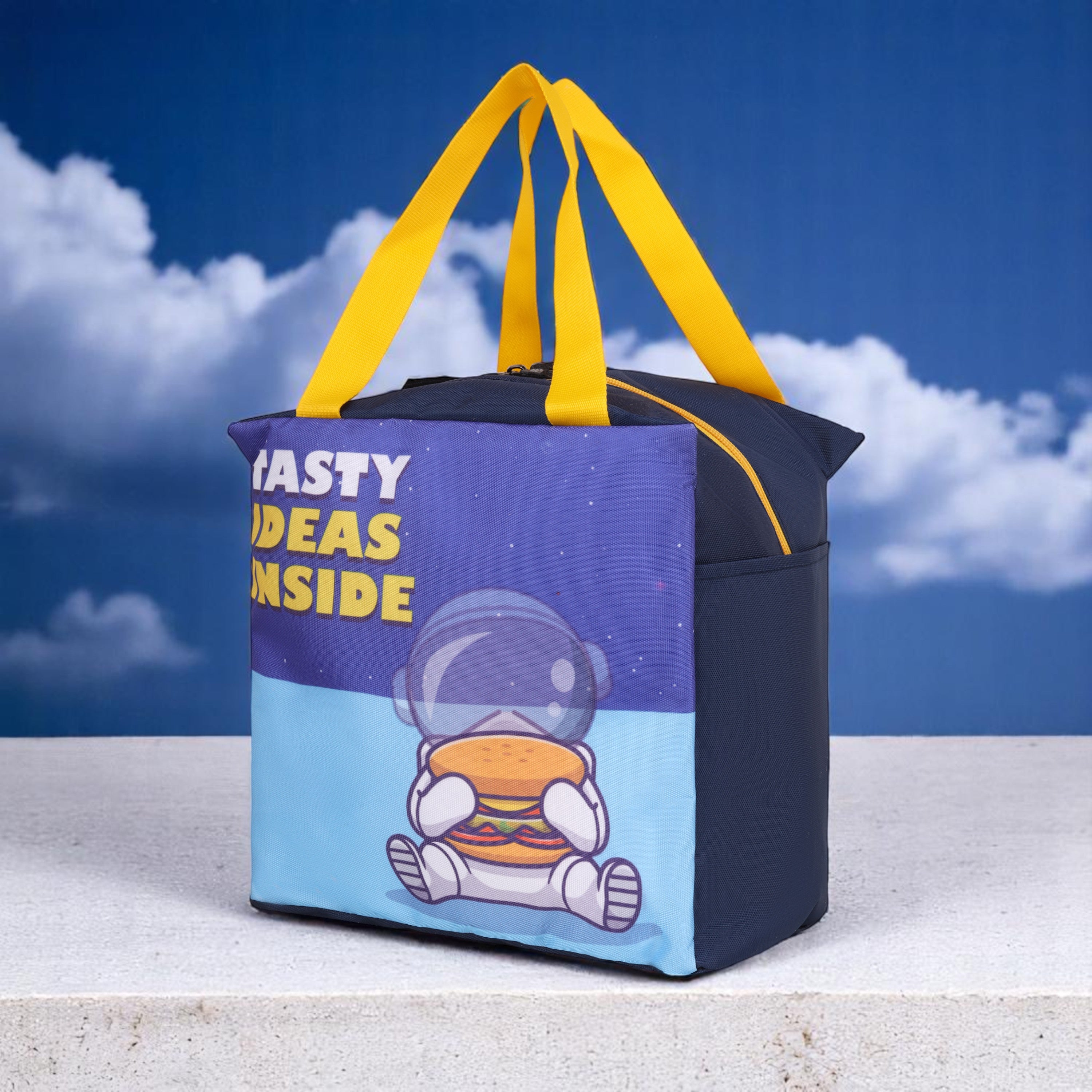 Echo Boomers Tasty Ideas Inside Spaceman Blue Lunch Bag for Kids | Stylish, Lightweight & Durable | School, Travel & Picnic Use | Sturdy Handle, Premium Zipper, Easy to Clean