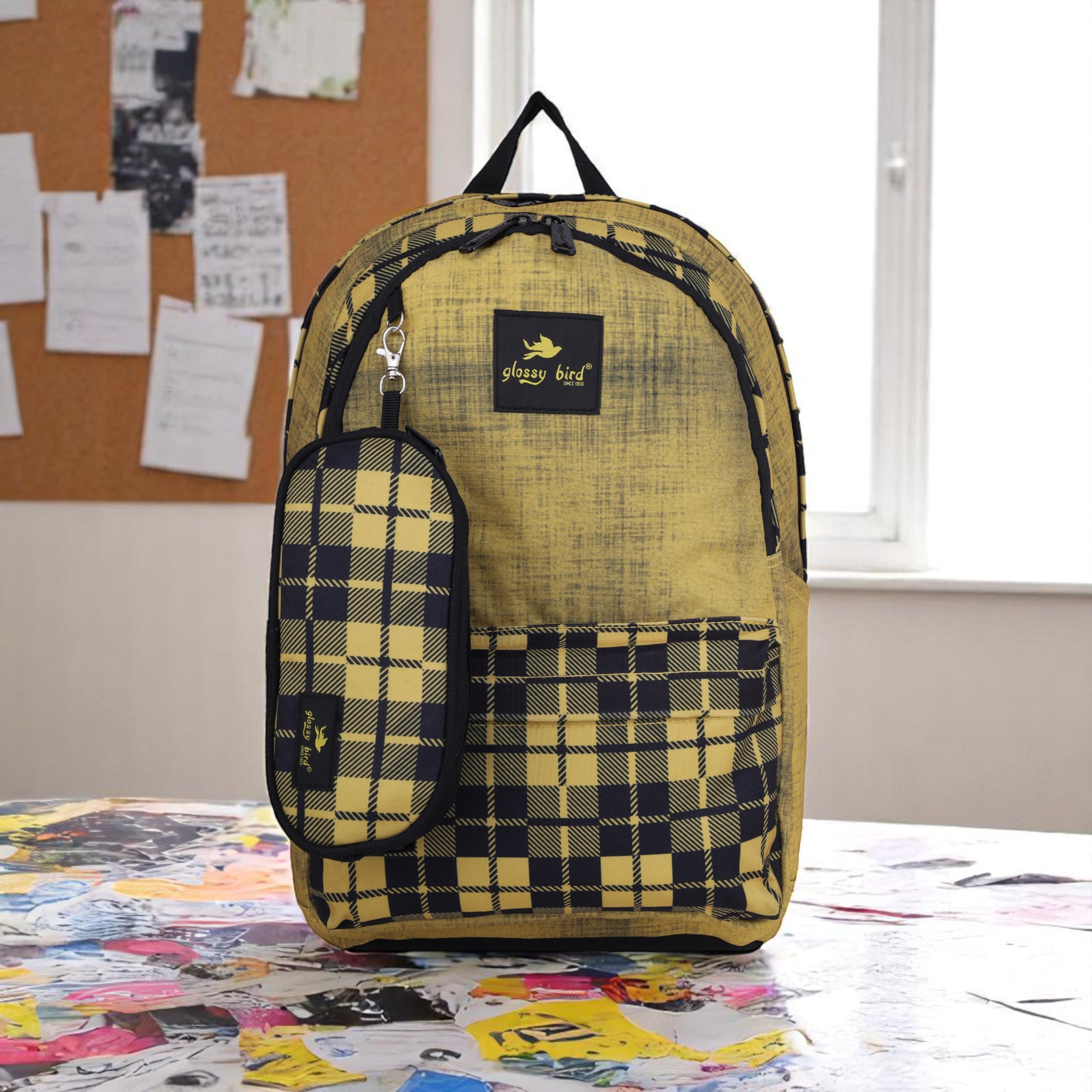 Echo Boomers Glossy Bird 21L Unisex Backpack with Pouch – Stylish Check Design, 3 Compartments, Front Pocket, Bottle Holder – Water-Resistant School, Travel, Office Bag (Yellow