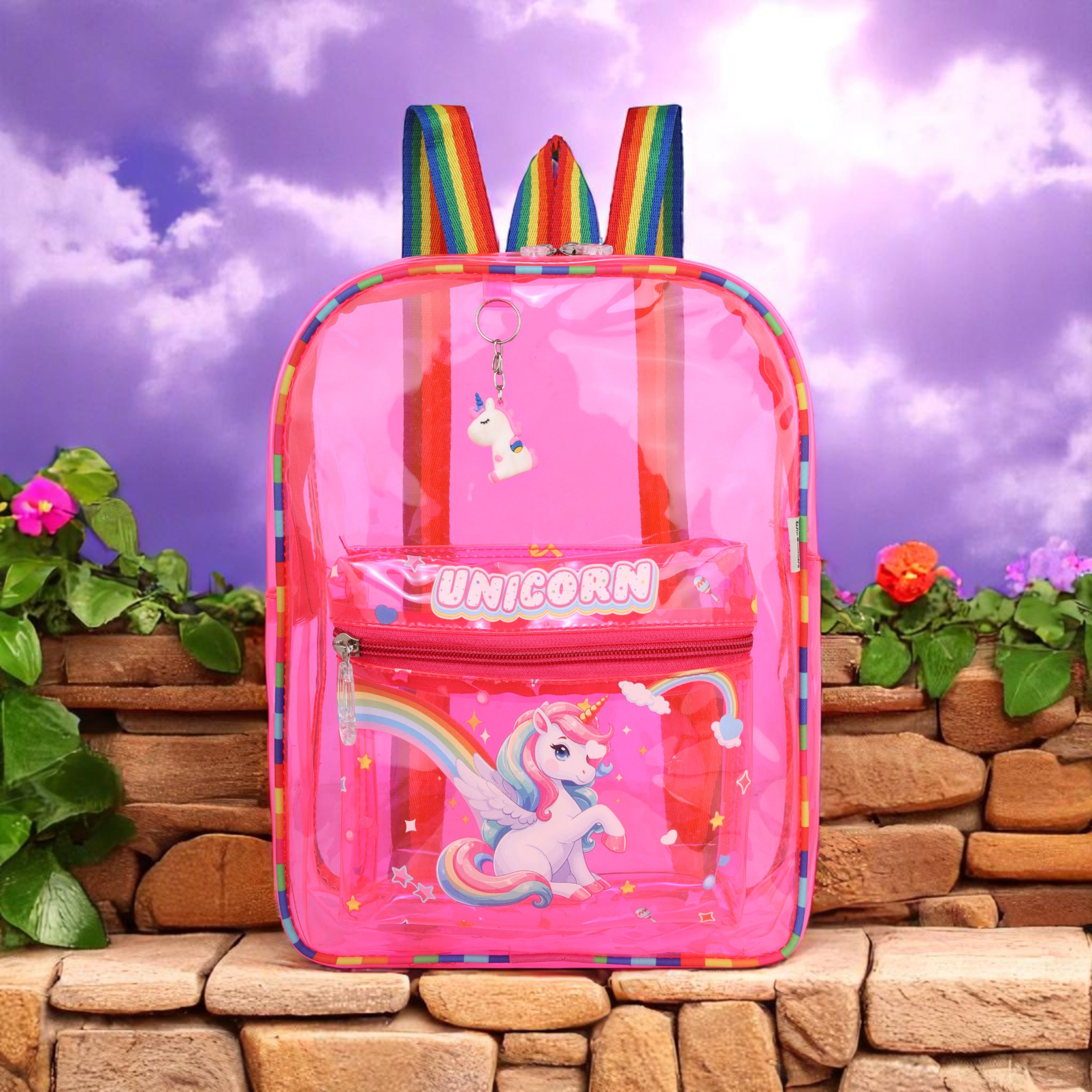 Echo Boomers Pink Jelly Backpack  Stylish, Lightweight & Durable with Unicorn Print, “Unicorn” Text, Transparent Soft Plastic, Adjustable Straps, Sturdy Handle, Premium Zipper & Versatile Design for School and Play.