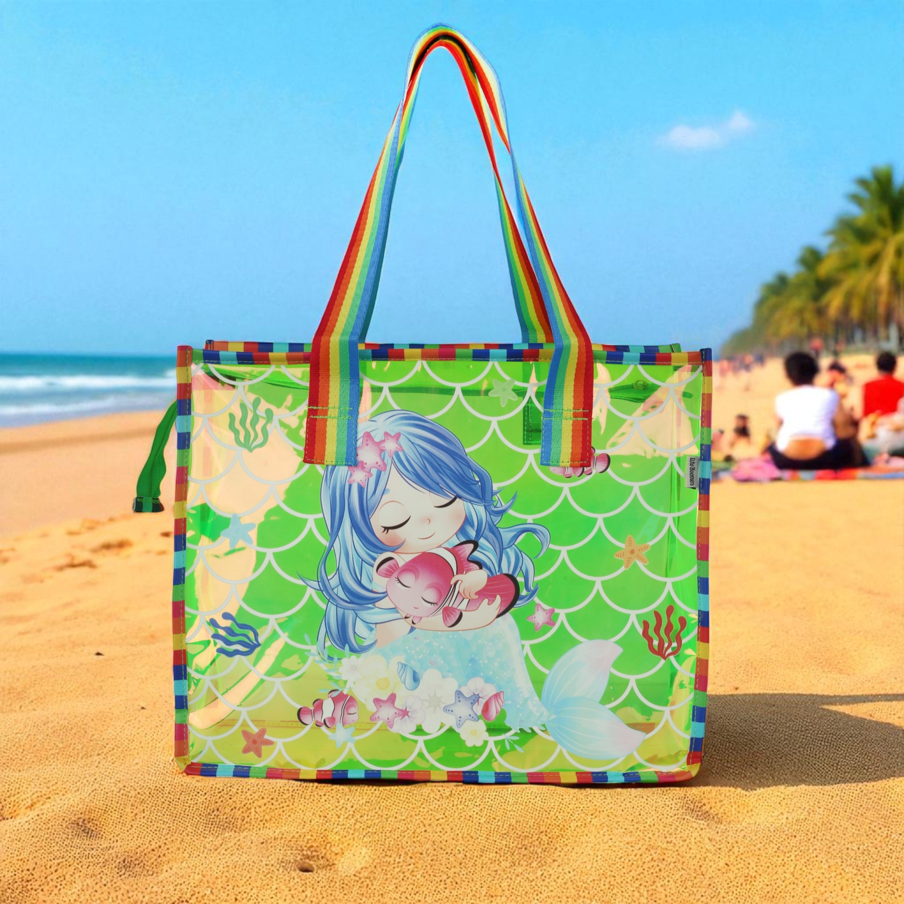 Echo Boomers Cute Mermaid,Magical Unicorn Wings,Astronaut, Stylish Cat,Cute Love Unicorn Transparent 50 GsmTote Bag – Rainbow Handles | Spacious, Durable & Stylish PVC Bag